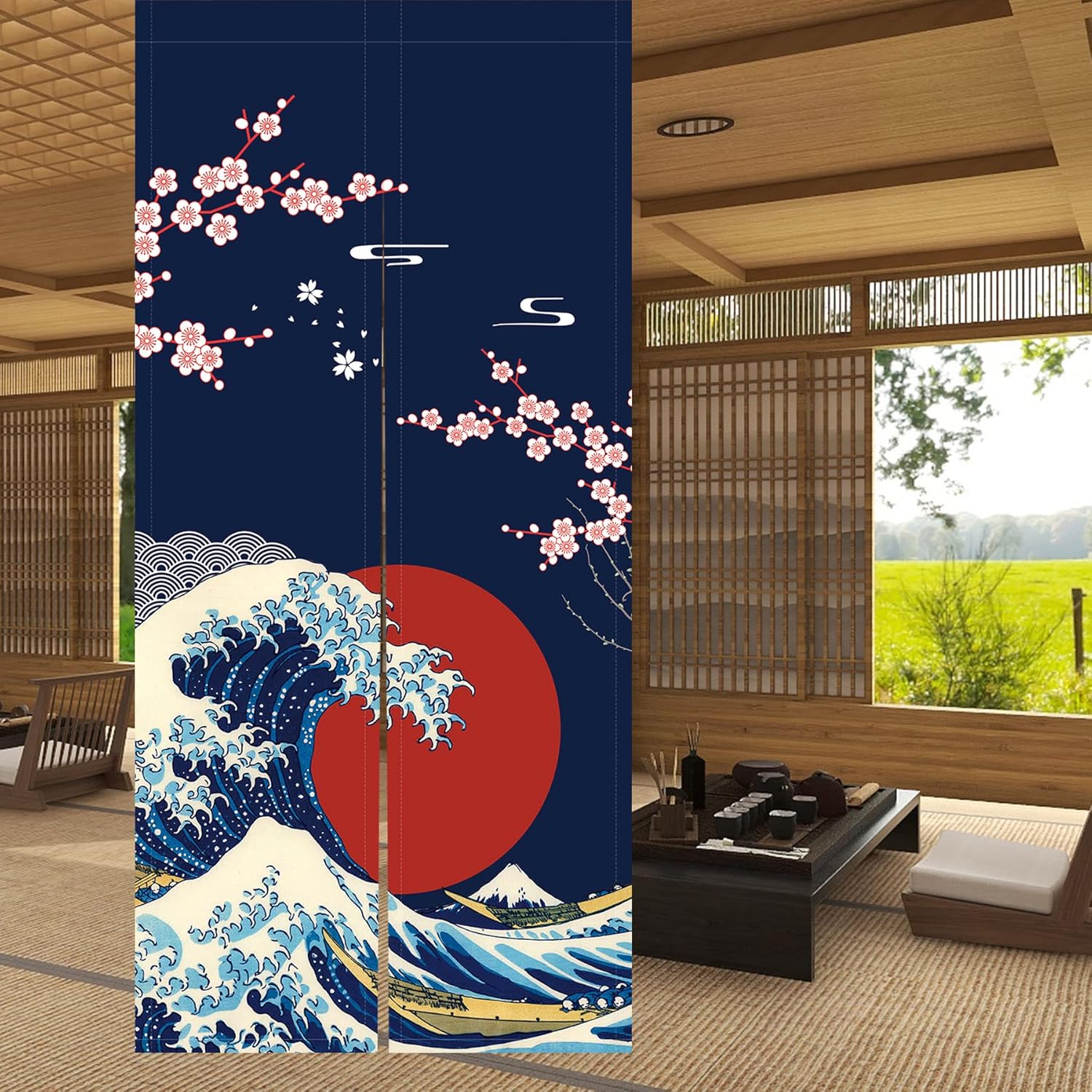 LIGICKY Japanese Noren Doorway Curtain Ukiyoe Hokusai The Great Wave Off Kanagawa Sun Cherry Blossoms Printed Window Treatment Door Tapestry for Home Restaurant Decor 33.5" Width x 70.9" Long