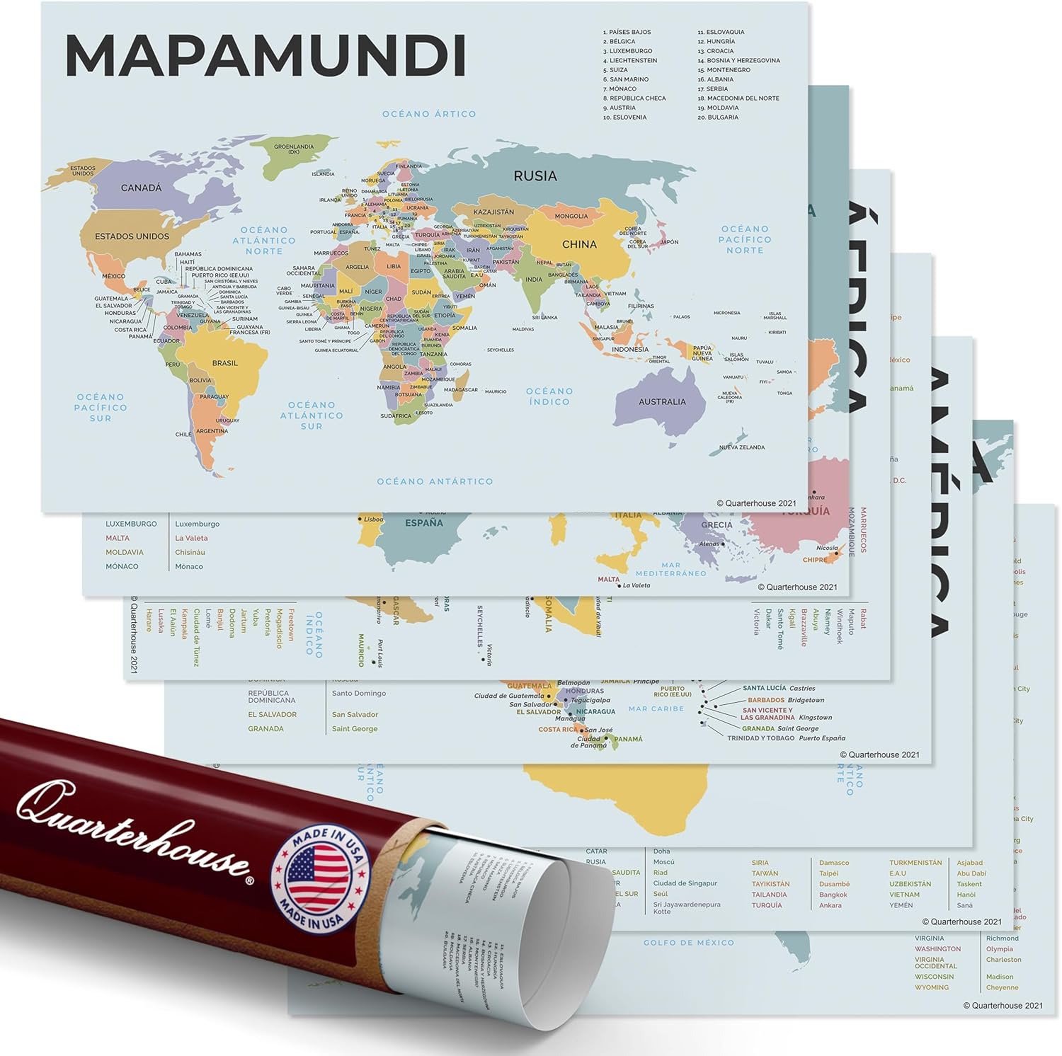 Quarterhouse 7 Poster Spanish-English World Maps Set, Spanish Classroom Learning Materials for K-12 Students and Teachers, 12 x 18 Inches, Made in USA