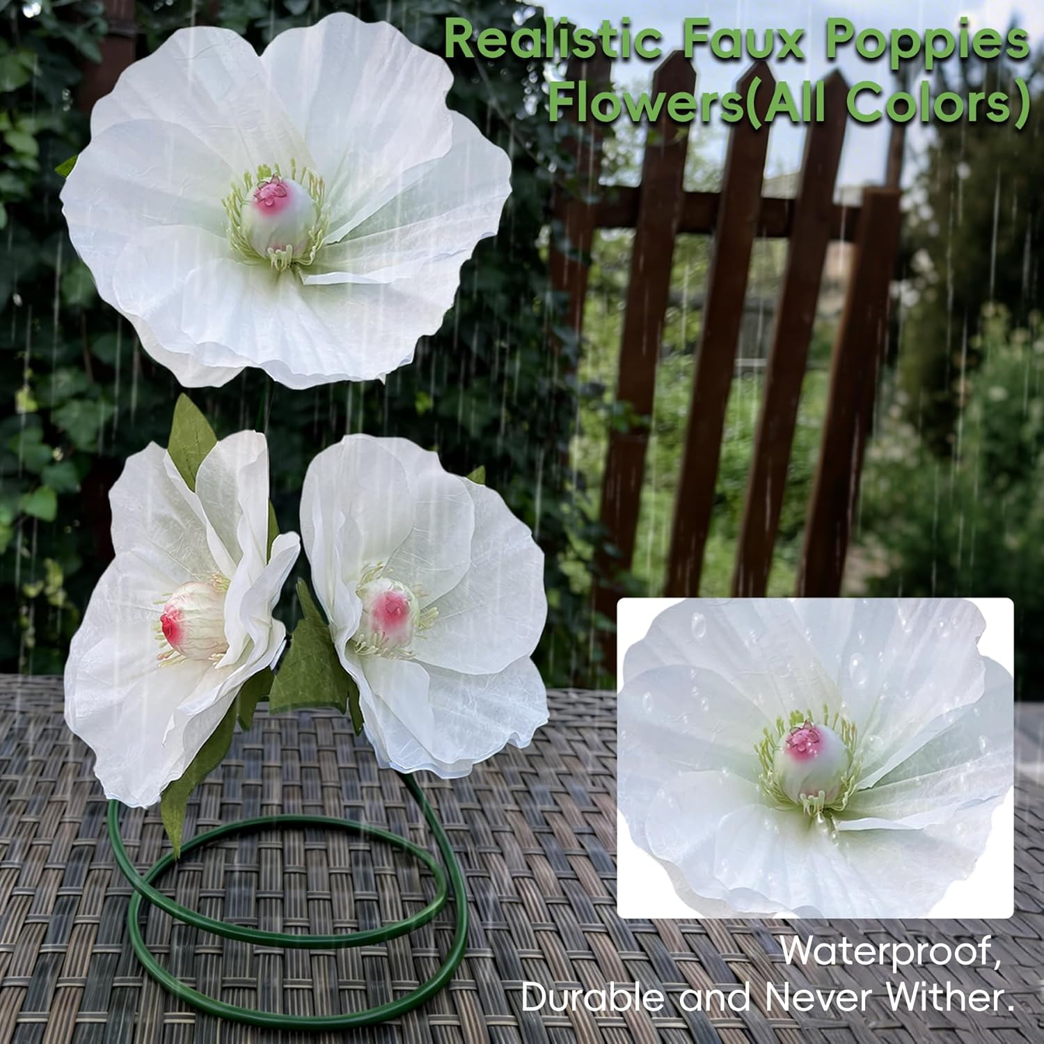 Giant White Poppy Artificial Flowers - 3 Pack Realistic Large Faux Flowers for Home Decor, Indoor Outdoor Garden, Wedding, Party Decoration with Adjustable Stand (Durable & Easy Maintenance)
