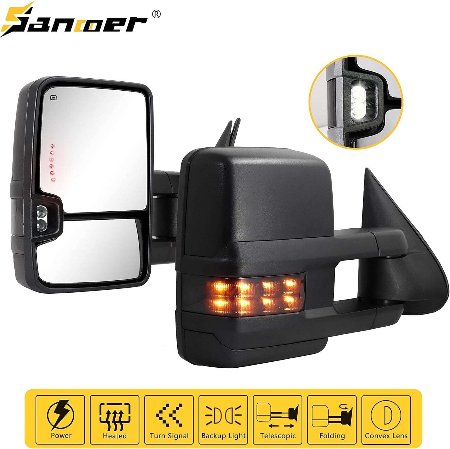 Towing Mirrors for 1999 2000 2001 2002 Chevy Silverado Suburban Tahoe GMC Sierra Yukon with Power Glass Arrow Turn Signal Light Heated Backup Lamp Extendable Pair : Automotive