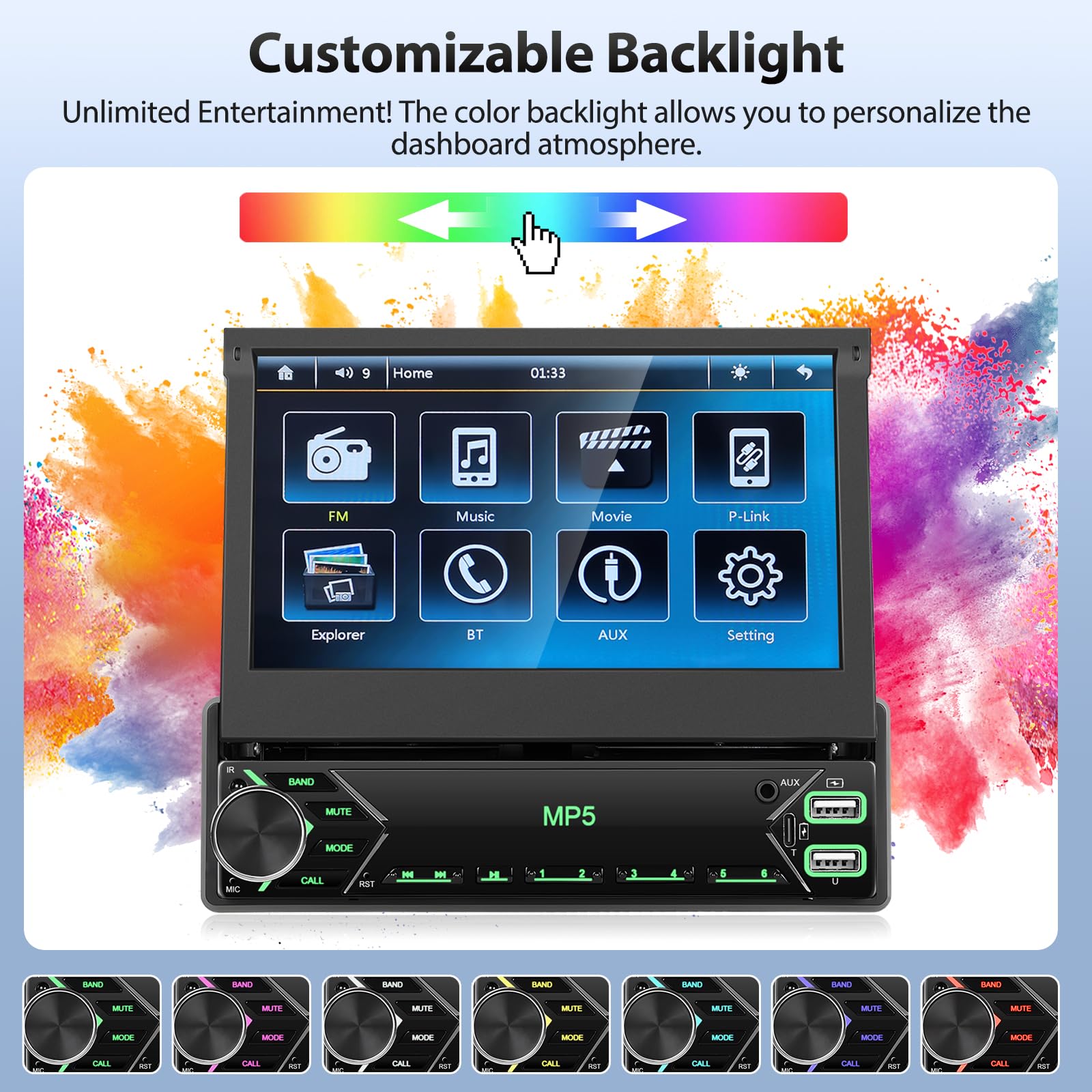 Autoradio Motorsi 7'' con Schermo 1-DIN Bluetooth, Display touch HD retrattile manuale, Singolo DIN Radio, per iPhone e Android, Mirror Link, USB/SWC/radio FM/AUX/TF, Telecamera Posteriore, Microfono