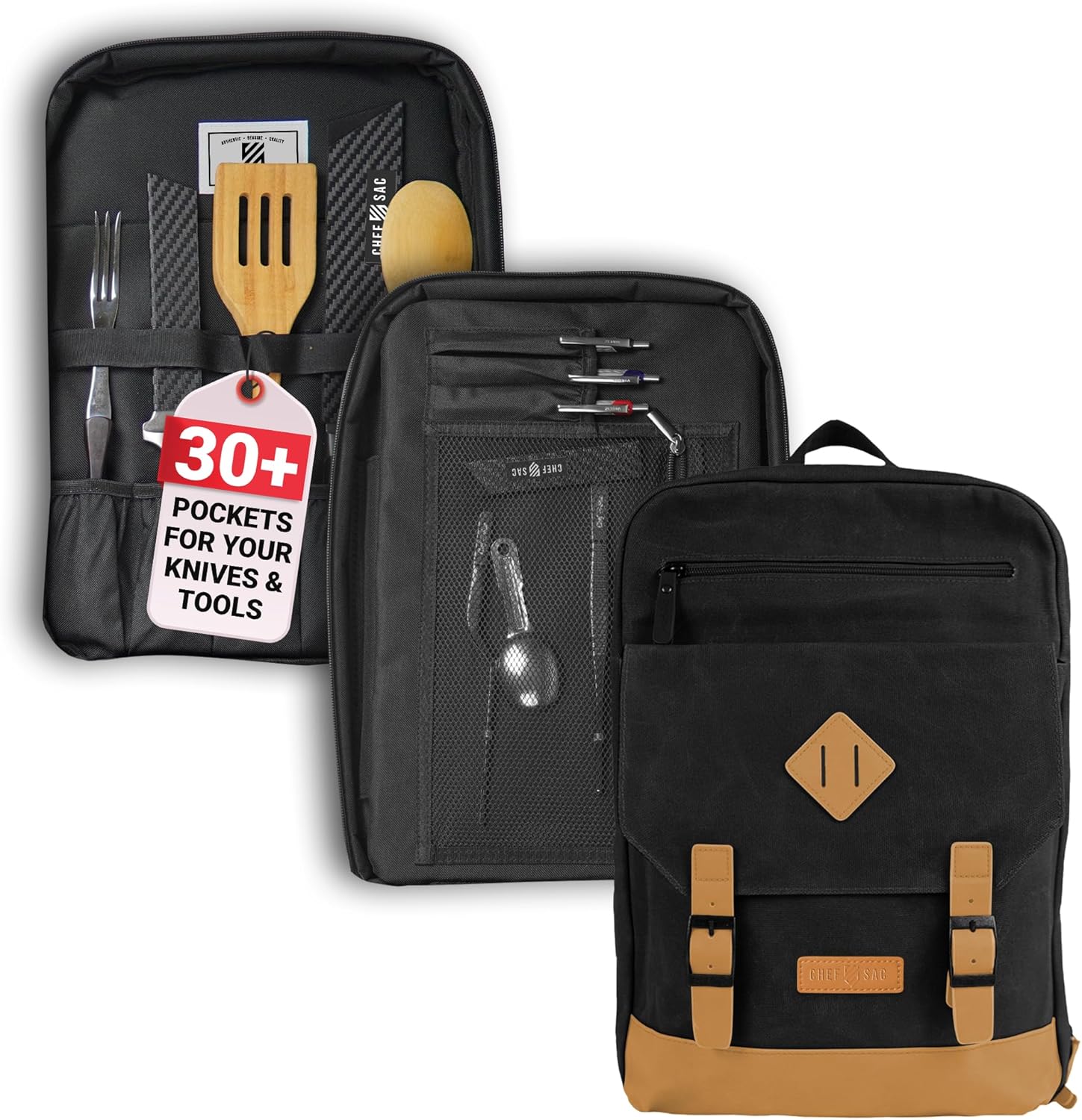 Chef Sac Elite Chef Knife Bag | Vintage Waxed Canvas Daypack | 20+ Pockets for Knives & Tools | Slots for Cleaver & Honing Rod | Water Resistant Material | Knife Organizer for Chefs (Black)