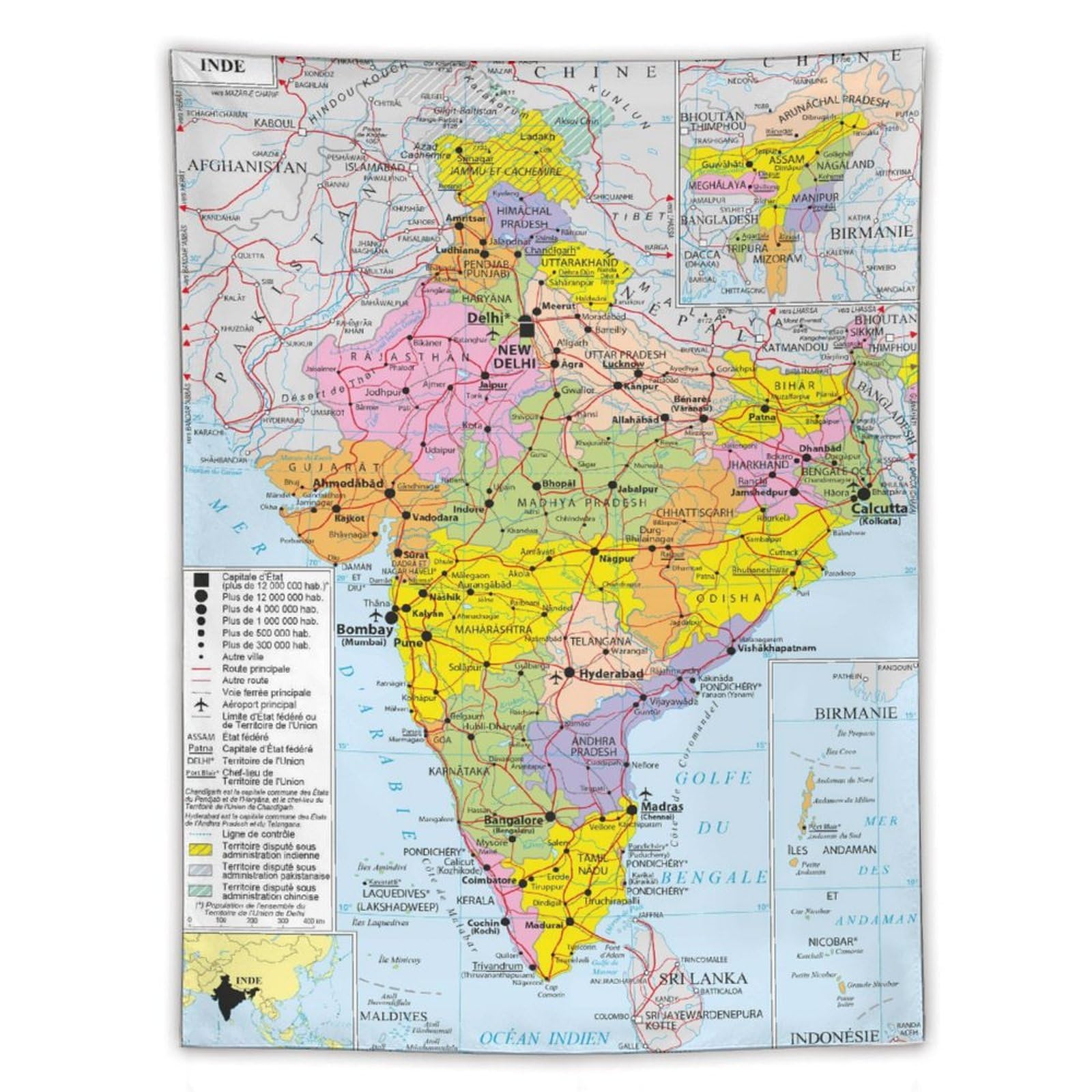 Affiches de carte du monde de l'Inde - Impressions d'art cool - Impression d'art mural à suspendre - Décoration d'intérieur - Idée cadeau - 152,4 x 203,2 cm