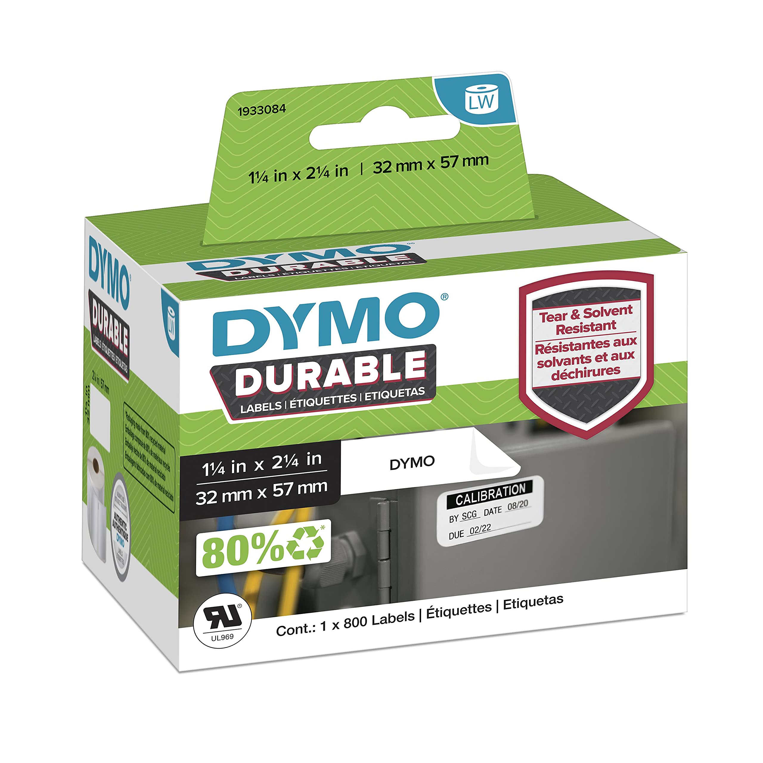 DYMO LW Durable Industrial Labels for LabelWriter Label Printers, White Poly, 2-1/4" x 1-1/4", Roll of 800