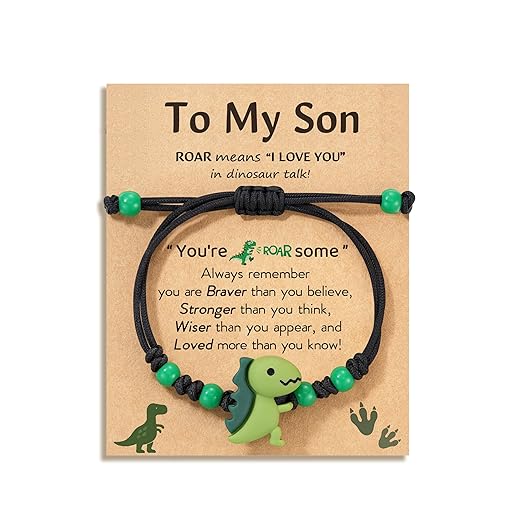 HGDEER Dinosaur Bracelet for Boys - Son Grandson Christmas Valentines Birthday Gifts with Funny Card and Velvet Gift Pouch