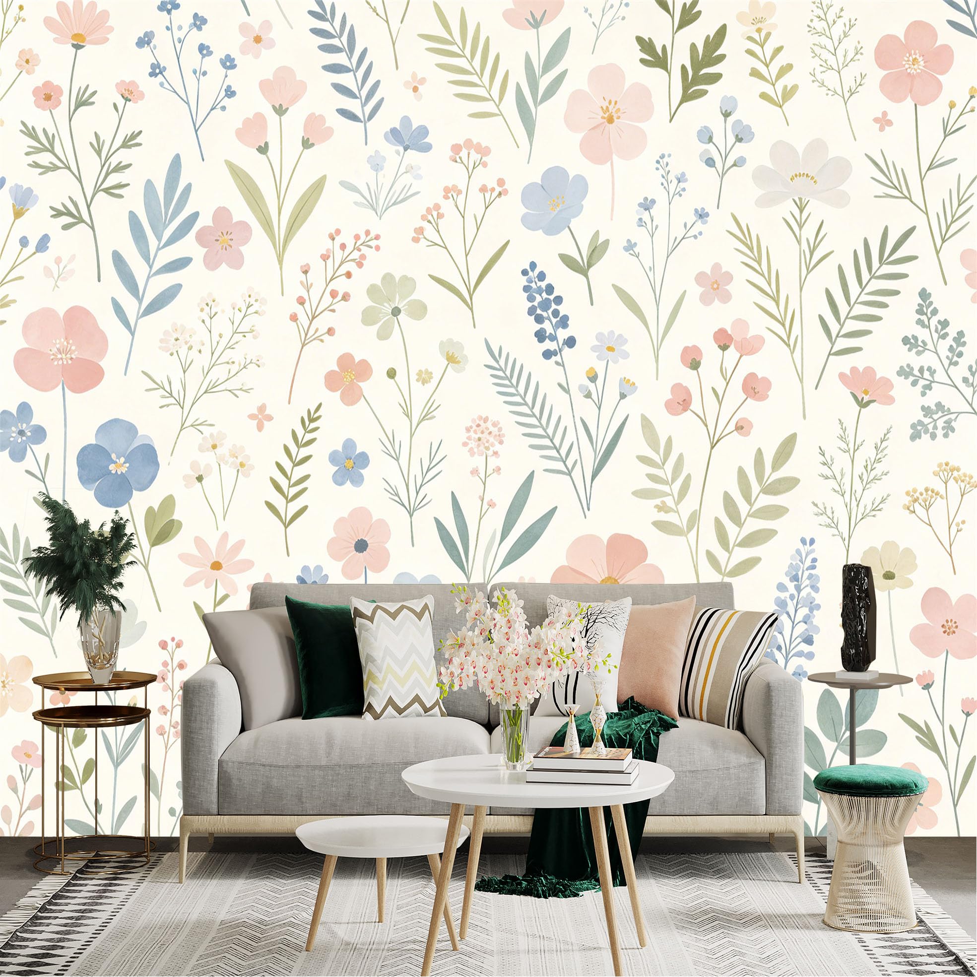 Lnzczhyre Dbh260521055 Custom Size Wall Sticker Mural， Watercolor Wildflower Meadow， Pastel Floral Botanical Pattern， Soft Spring Garden Blooms， For Wall Decoration， Peelandstick Wall Decals.