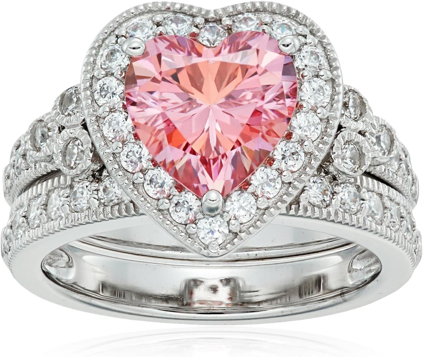 Amazon Collection Platinum-Plated Sterling Silver Infinite Elements Cubic Zirconia Fancy Pink Heart Antique Ring, Size 5