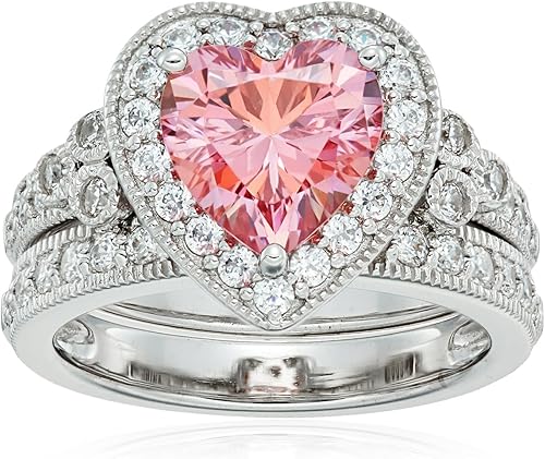 Set de anillo corazón, dos piezas, de plata esterlina bañada en platino, estilo antiguo, de color sofisticado, con circonia de Swarovski.,