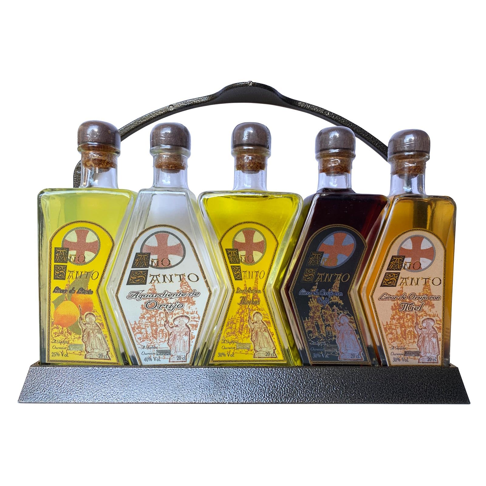 Deliex delicias de Extremadura. Set de licores para regalos. 5 botellas de 20 cl con forma de puzzle presentada en estructura de baquelita. Regalos originales