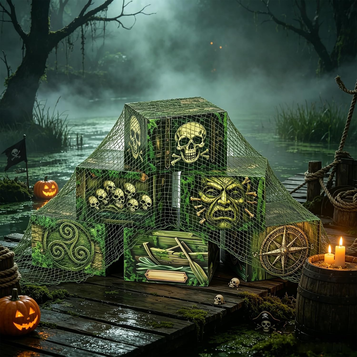 THAWAY 8 Pcs Halloween Pirate Large Treasure Chest Box with Fishing Net