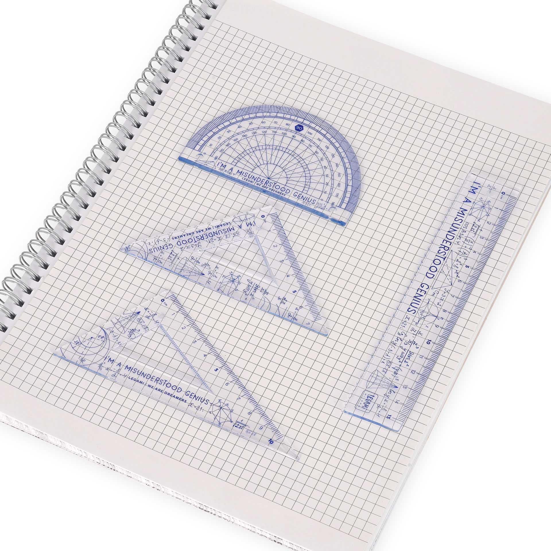 Legami - Juego de geometría, juego con regla de 15 cm, cuadrado de 60° de 10 cm, goniómetro de 180° para la escuela, estuche incluido, material flexible, Tema Genius