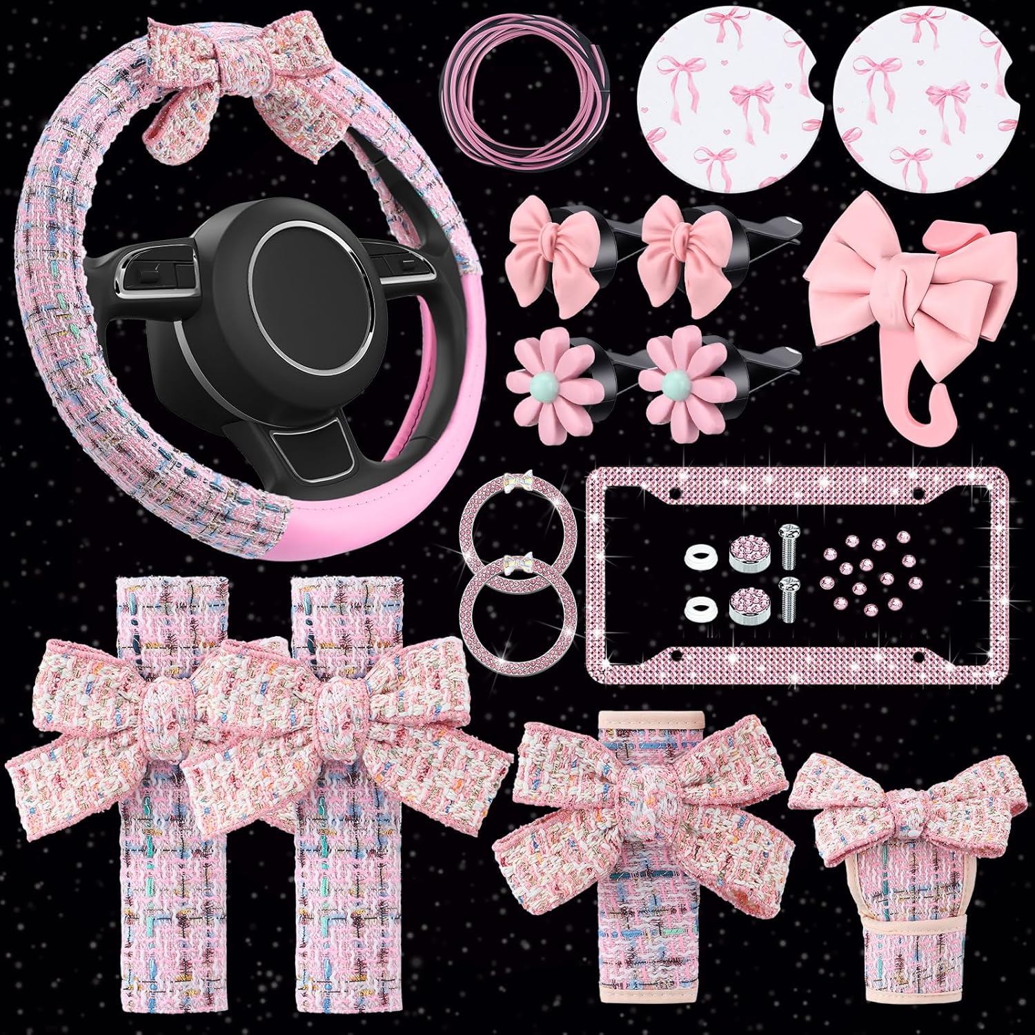 BBTO 42 Pcs Pink Bow Car Accessories Set for Women Pink Steering Wheel Cover Bow Hook Car Coaster Air Vent Clip Seat Belt Covers Diamond Rings Sticker Coquette Cute Gifts