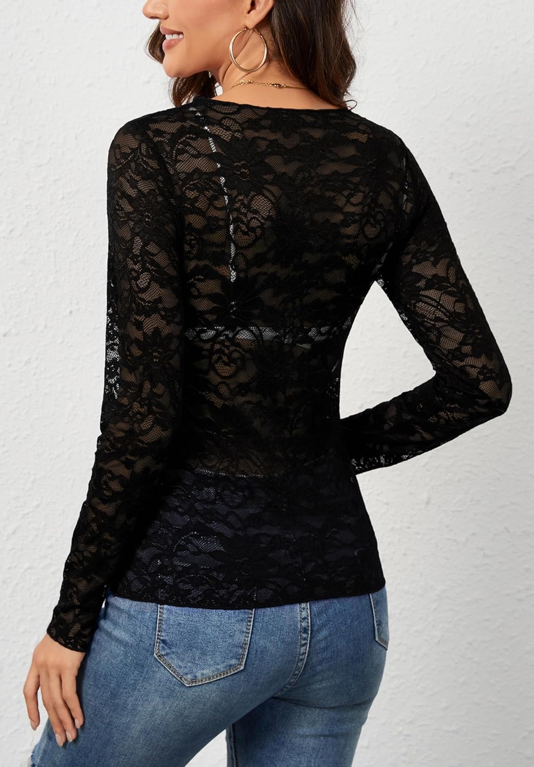 OMSJ Womens Lace Floral Mesh Tops Long Sleeve Sexy See Through Blouse Round Neck Layering Top Shirts - Image 5