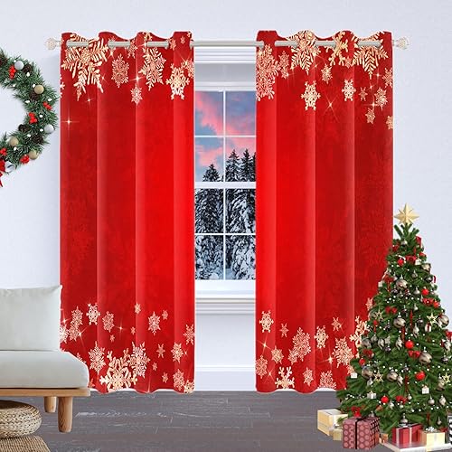 Miniatura 2 de Renaiss Cortinas opacas de Feliz Navidad, copos de nieve blancos, flor de pascua, cortinas de ventana de dormitorio rojas con aislamiento térmico