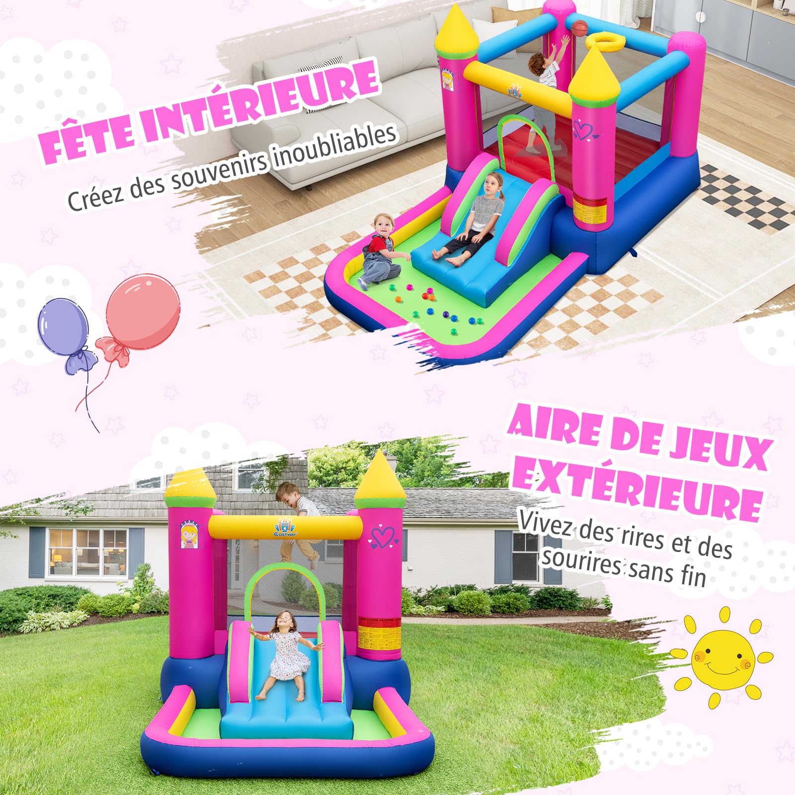 Château Gonflable Princesse 4-en-1 Avec Toboggan, Piscine à Balles Et Panier De Basket – Pour 2 Enfants Dès 3 Ans