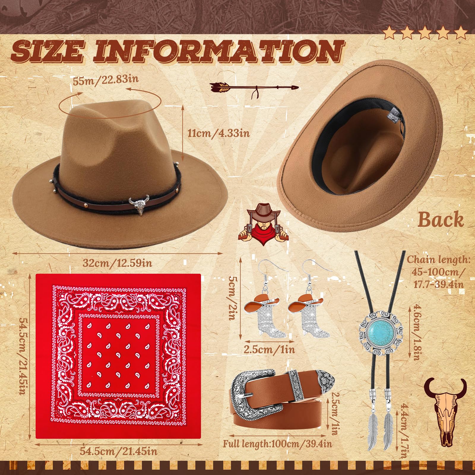 5 Pièces Set de Déguisement Cowboy Western pour Femme, Kit Accessoires de Cowgirl avec Chapeau Collier Boucles d'oreilles Ceinture Bandana pour Halloween Masqué Cosplay Fêtes