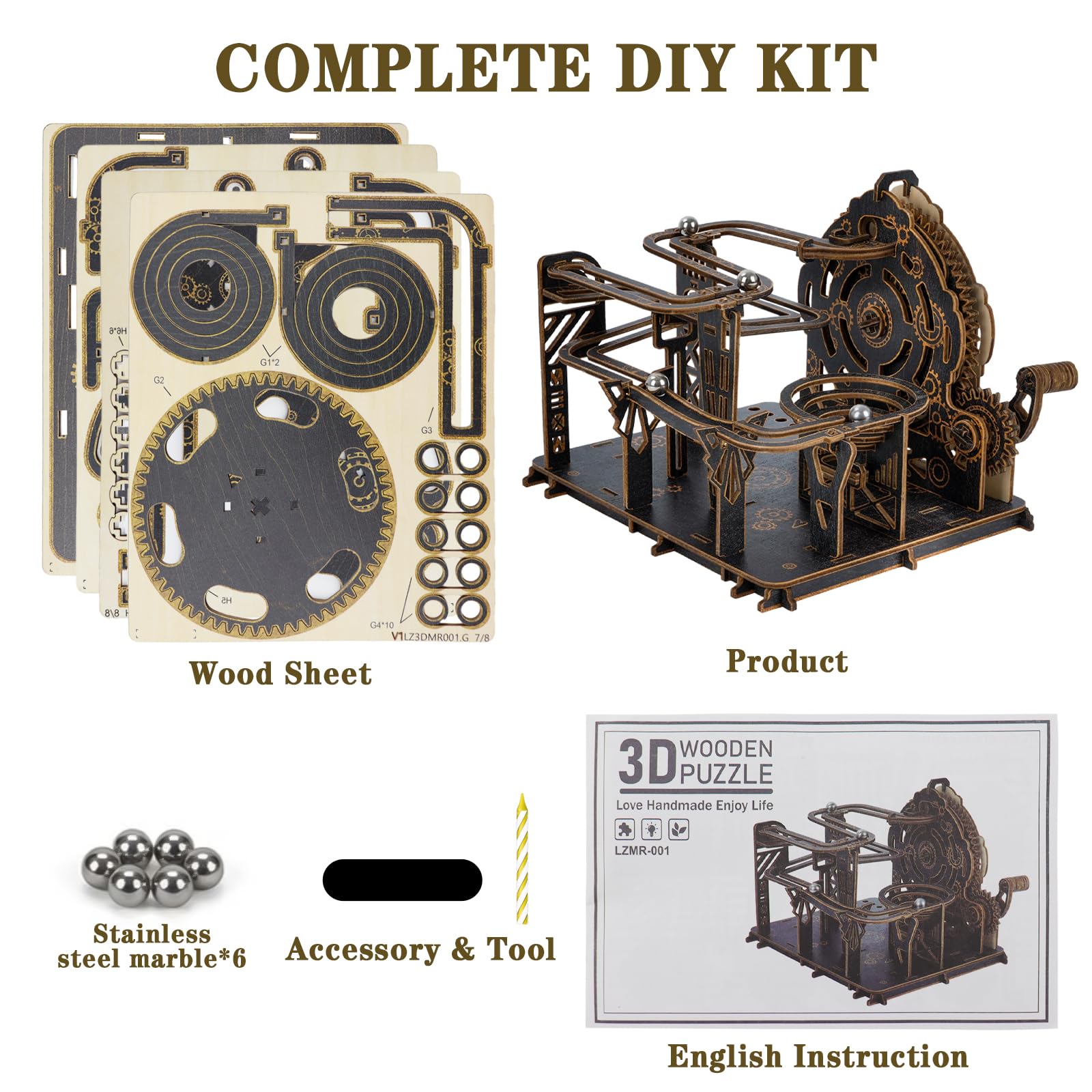 Puzzle in legno 3D per adulti, kit di modellini meccanici per marmi da costruire, puzzle in legno fai da te con 6 biglie d'acciaio, regali di compleanno unici per donne e uomini