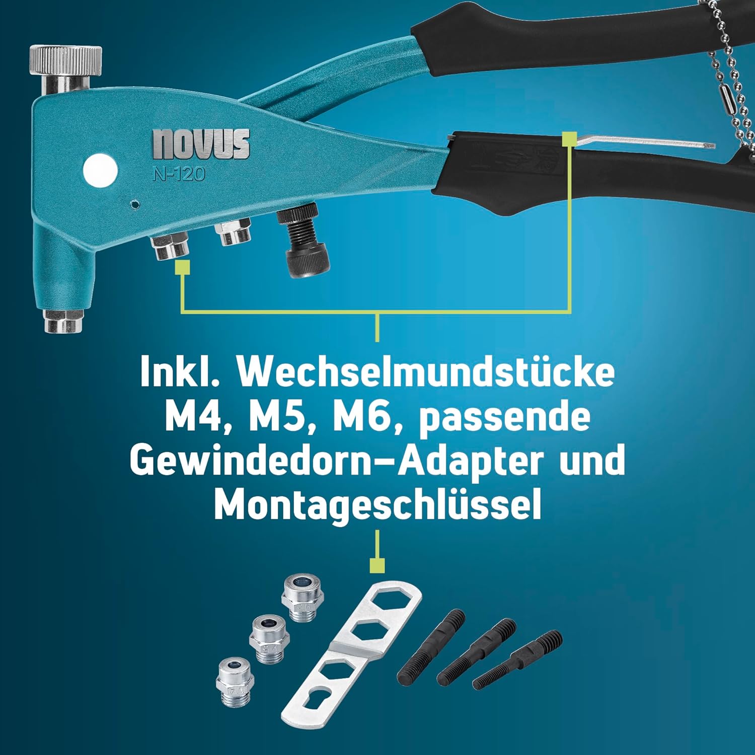 Blind Rivet Nut Pliers N-120 Set with 40 Rivet Nuts, Universal Professional Rivet Nut Pliers with Precision Head, Integrated M4/M5/M6 Mouthpieces with Threaded Mandrel, for Aluminium or