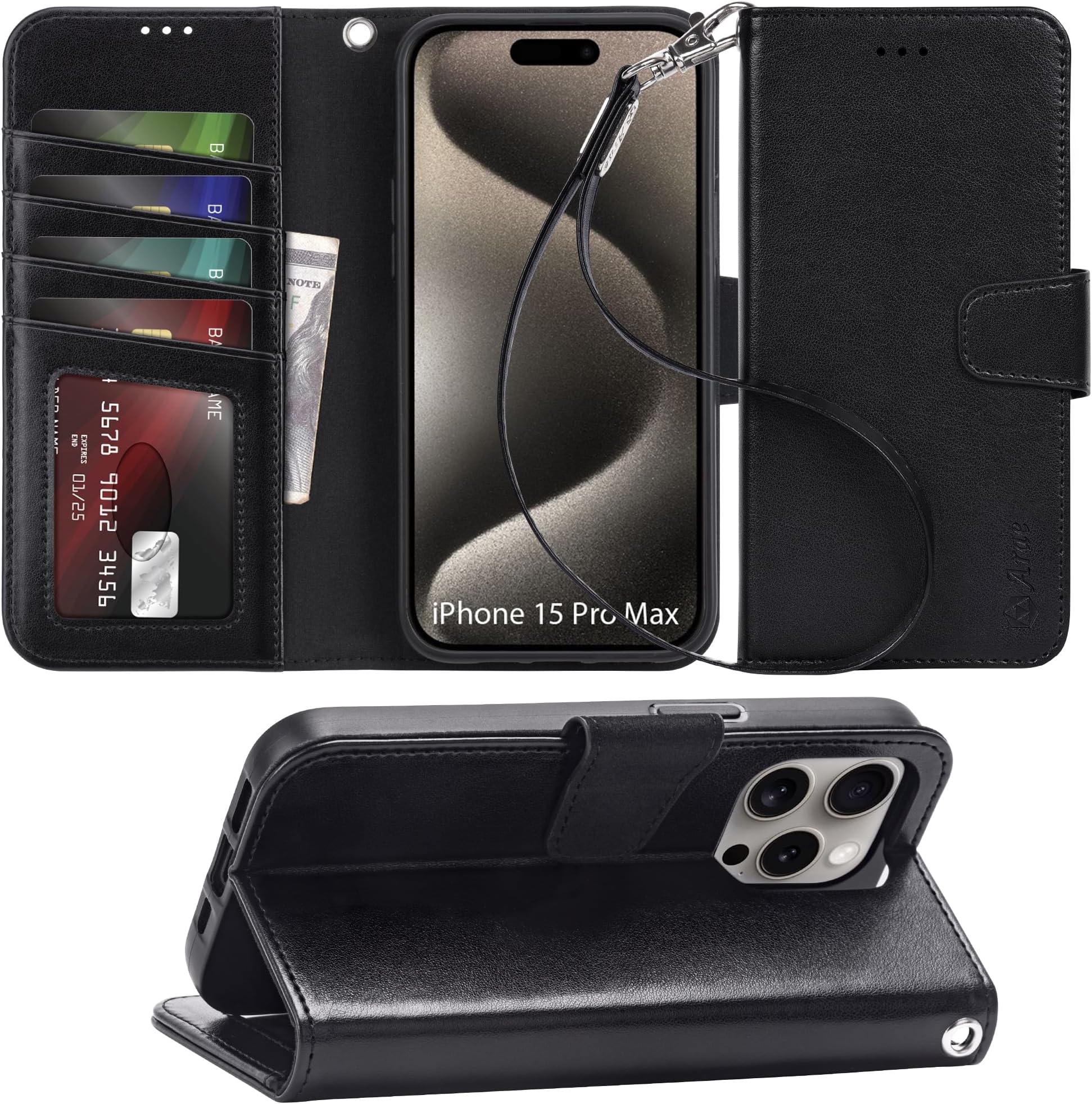 Arae Compatible with iPhone 15 Pro Max Case with Card Holder and Wrist Strap Wallet Flip Cover for iPhone 15 Pro Max 6.7 inch,Black