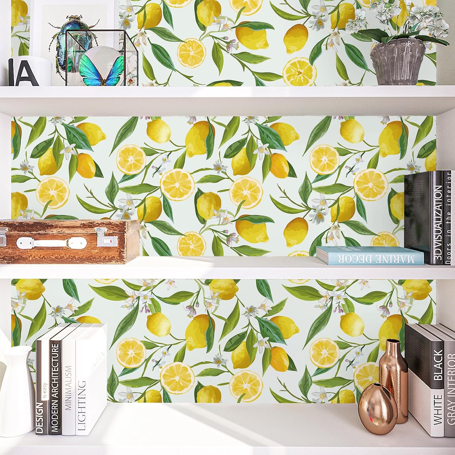 VEELIKE Lemon Branches Floral Wallpaper 17.7''x354'' Removable Fresh Citrus Leaf Floral Peel and Stick Wallpaper Mural Self Adhesive Decorative Vinyl Contact Paper for Walls Nursery Bedroom Kitchen
