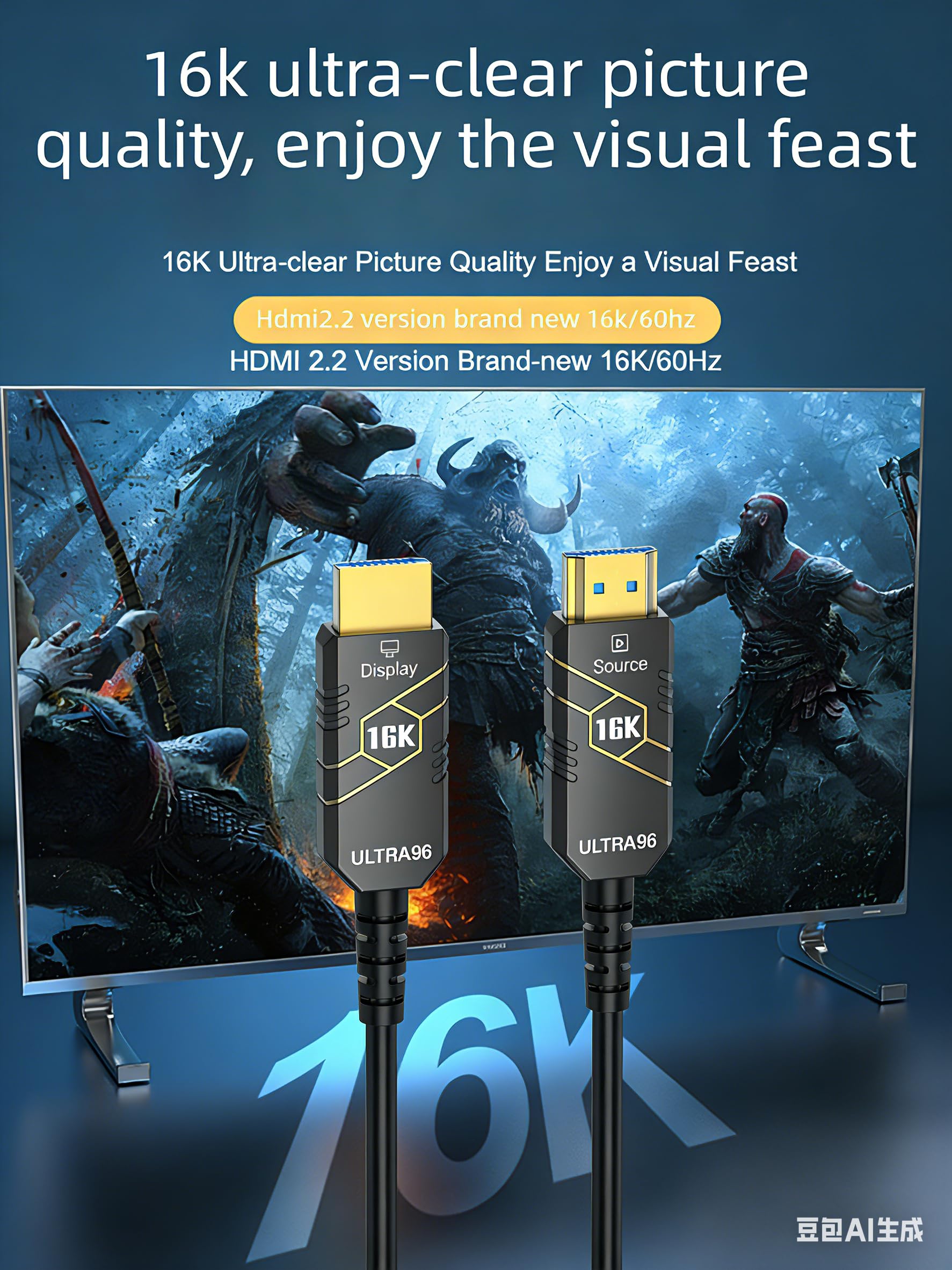 Cable de fibra óptica HDMI2.2 de 2 m, 16 K, 96 Gbps de ultra alta velocidad, 4K240Hz 4K144Hz 8K120Hz 16K60Hz, HDCP 2.2 y 2.3, HDR dinámico, eARC, DTS, largo delgado y flexible para