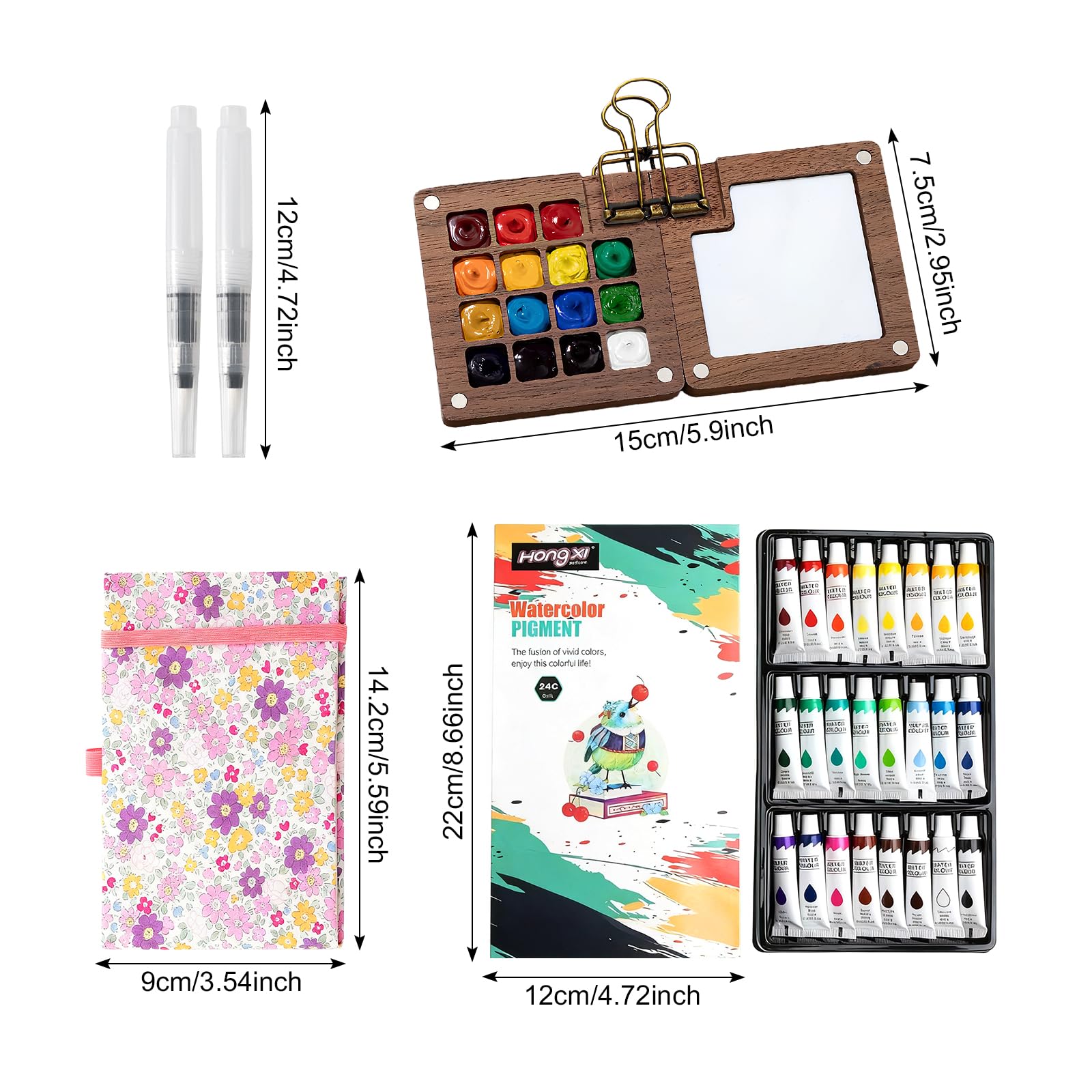 Set Mini Acquerello Portatile, Tavolozza con 15 Griglie – Scatola dei Colori in Legno per Viaggio, Kit da Viaggio per Artisti con Carta Acquerello, Pennelli, Clip & Taccuino (24 Tonalità Incluse)