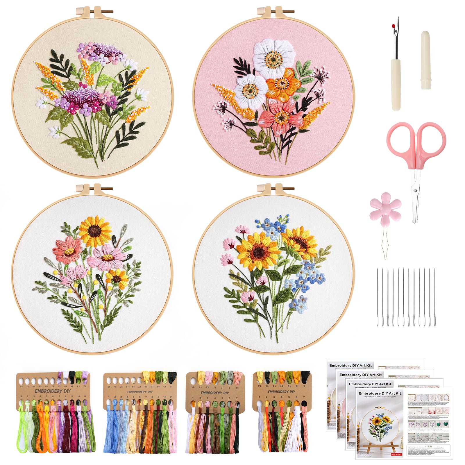 VynyQoo 4pcs Embroidery Kits Flower, Embroidery Starter Kit Adults, Stamped Embroidery kit with Flower Pattern, DIY Craft Embroidery with Video Tutorial Instruction