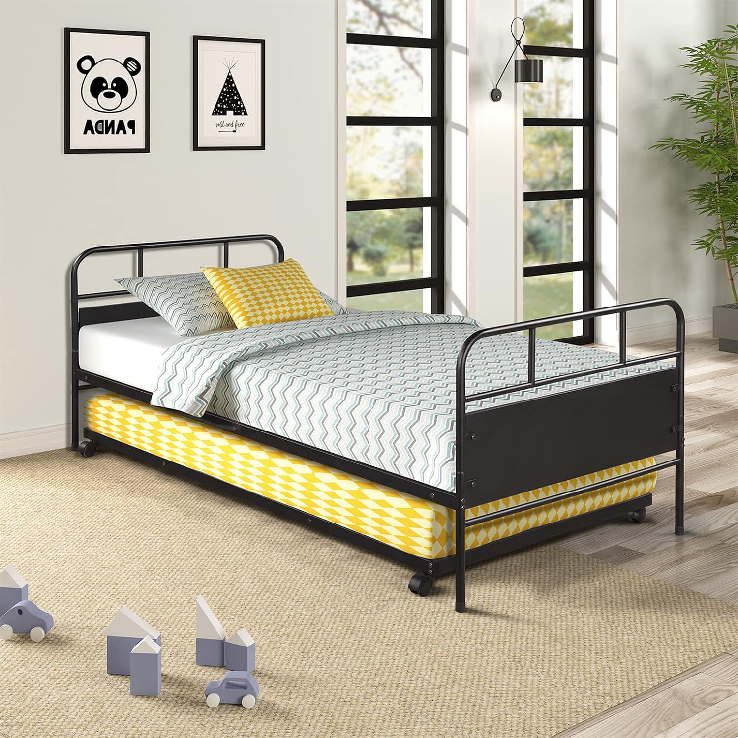 Bellemave Metal Daybed with Trundle, Twin Size Day Bed Frame with Pullout Trundle, Heavy-Duty Sofa Bed for Living Room Bedroom Kids Teens and Adults, Black