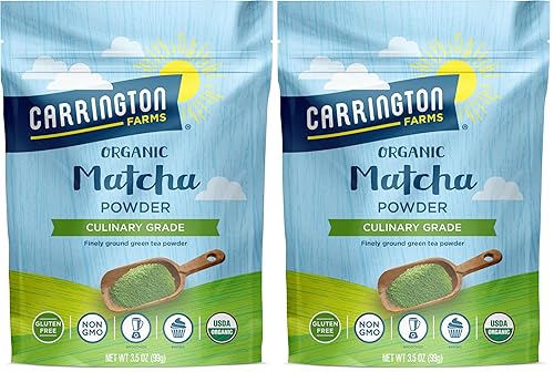 Carrington Farms Polvo de matcha orgánico  Hojas de té verde finamente molidas  Sabor intenso y rico  Potenciador de energía  Bolsa baja en calorías