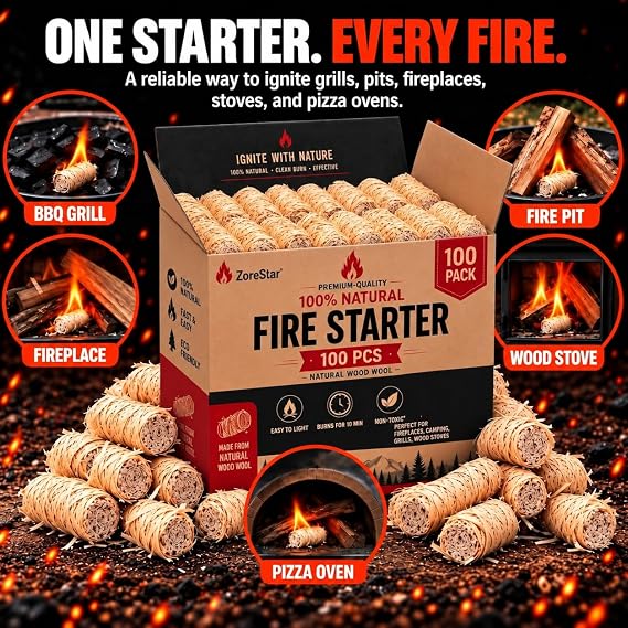 Fire Starters for Woodstoves - XXL Pack of 100 Charcoal and Wood Fire Starters for Quick Ignition - Ideal for Campfires, Fireplaces, Grills, Fire Pits - Reliable Outdoor Fire Starter Kit