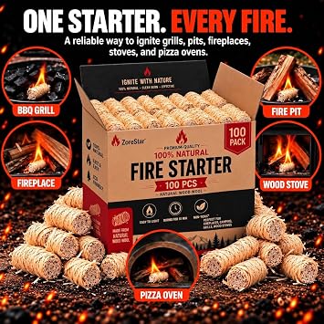 Fire Starters for Woodstoves - XXL Pack of 100 Charcoal and Wood Fire Starters for Quick Ignition - Ideal for Campfires, Fireplaces, Grills, Fire Pits - Reliable Outdoor Fire Starter Kit