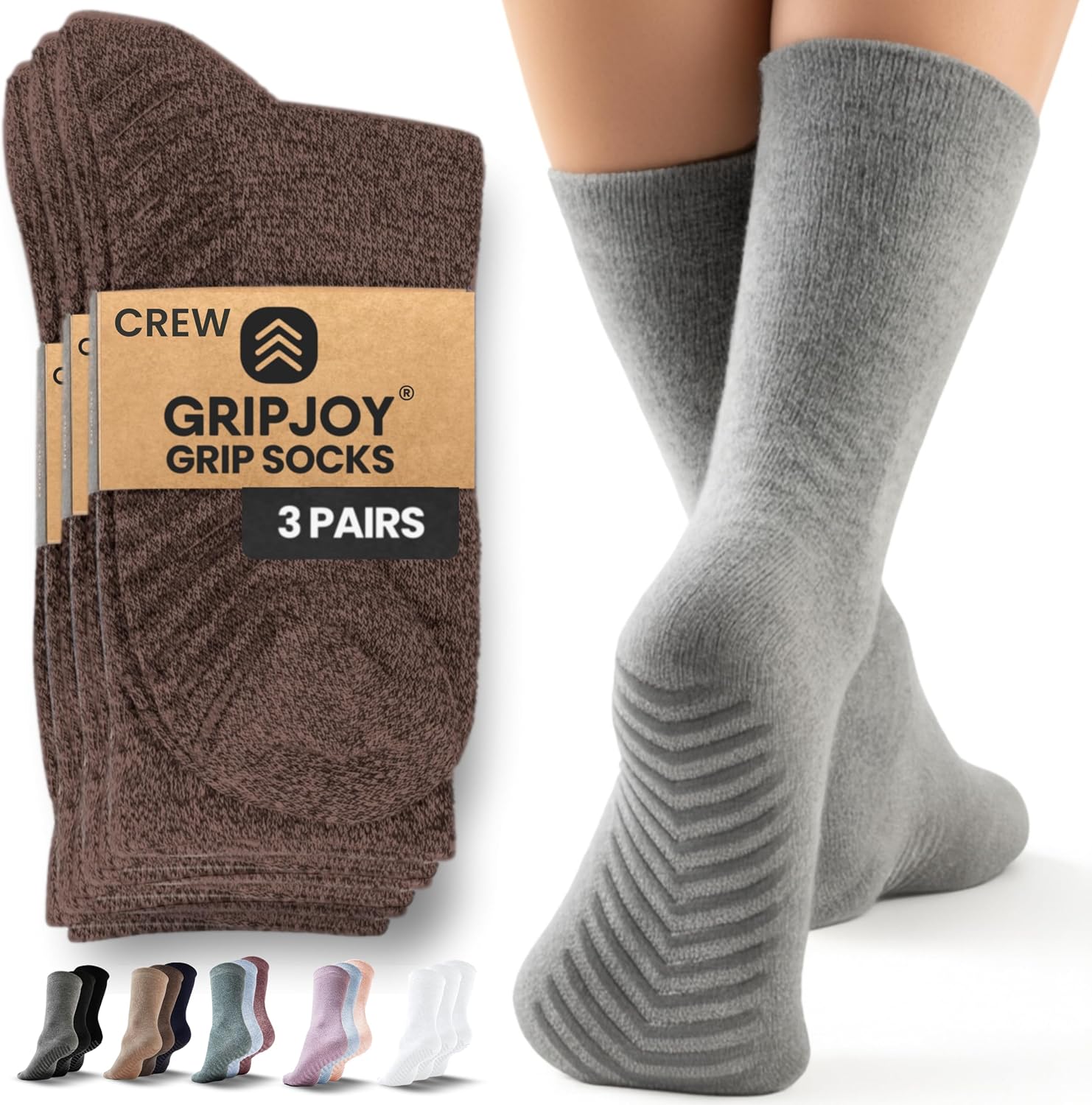 Gripjoy Grip Socks for Women, Grippy, Non Slip, Gripper Socks for Women & Men, Pilates, Yoga, Hospital, 3 Pairs, Crew