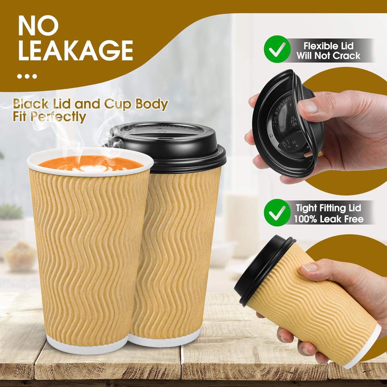 Ginkgo 100 Pack Disposable Coffee Cups with Lids 16 oz, Insulated Ripple Wall To Go Paper Cups for Party Home and Travel - Beige - Image 3