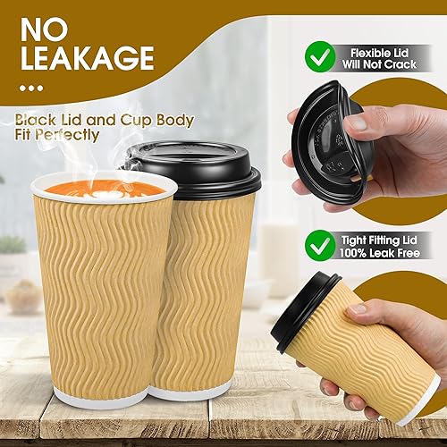Miniatura 9 de Ginkgo Paquete de 100 tazas de café desechables con tapas, 12 onzas, aisladas, de pared ondulada, tazas calientes de papel, color beige