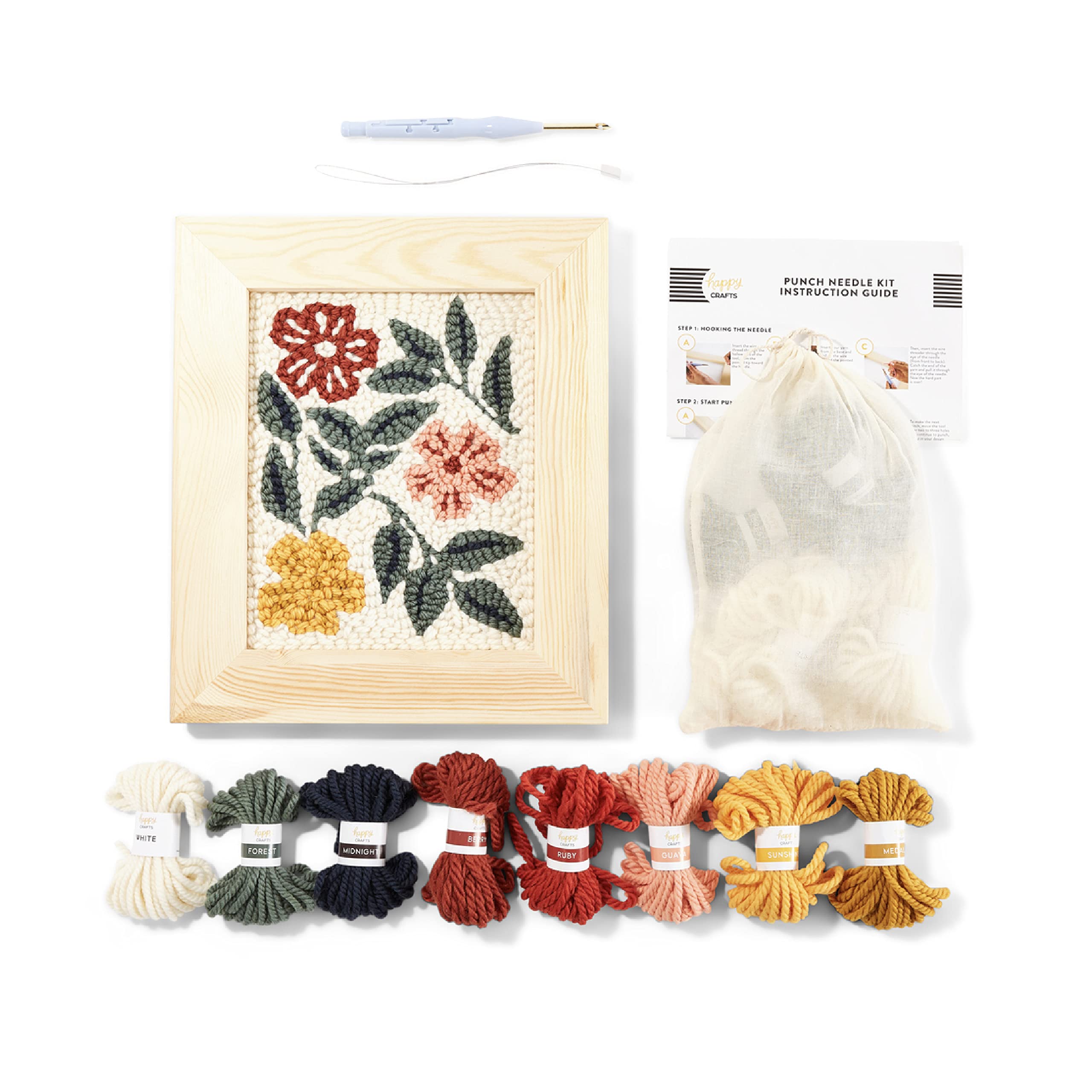 Amazon.com: DIY Punch-Needle Kit, Step-by-Step Punch-Needle Embroidery Kit  with Pre-Printed Design, Pine Wood Frame, Wool Yarn, and Punch-Needle Tool  by Happy Crafts, Garden Design - Dimensions 12” x 14” : Arts, Crafts