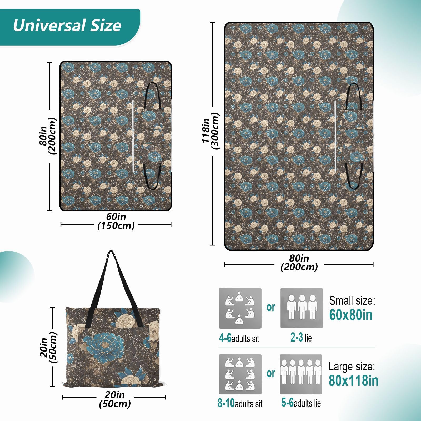 Accessori Spiaggia Erba Pieghevole Campeggio Coperta Packable per Outdoorsy Persone Picnic Articoli Peonia Cinese Floreale Oro Teal Nero estera de Playa