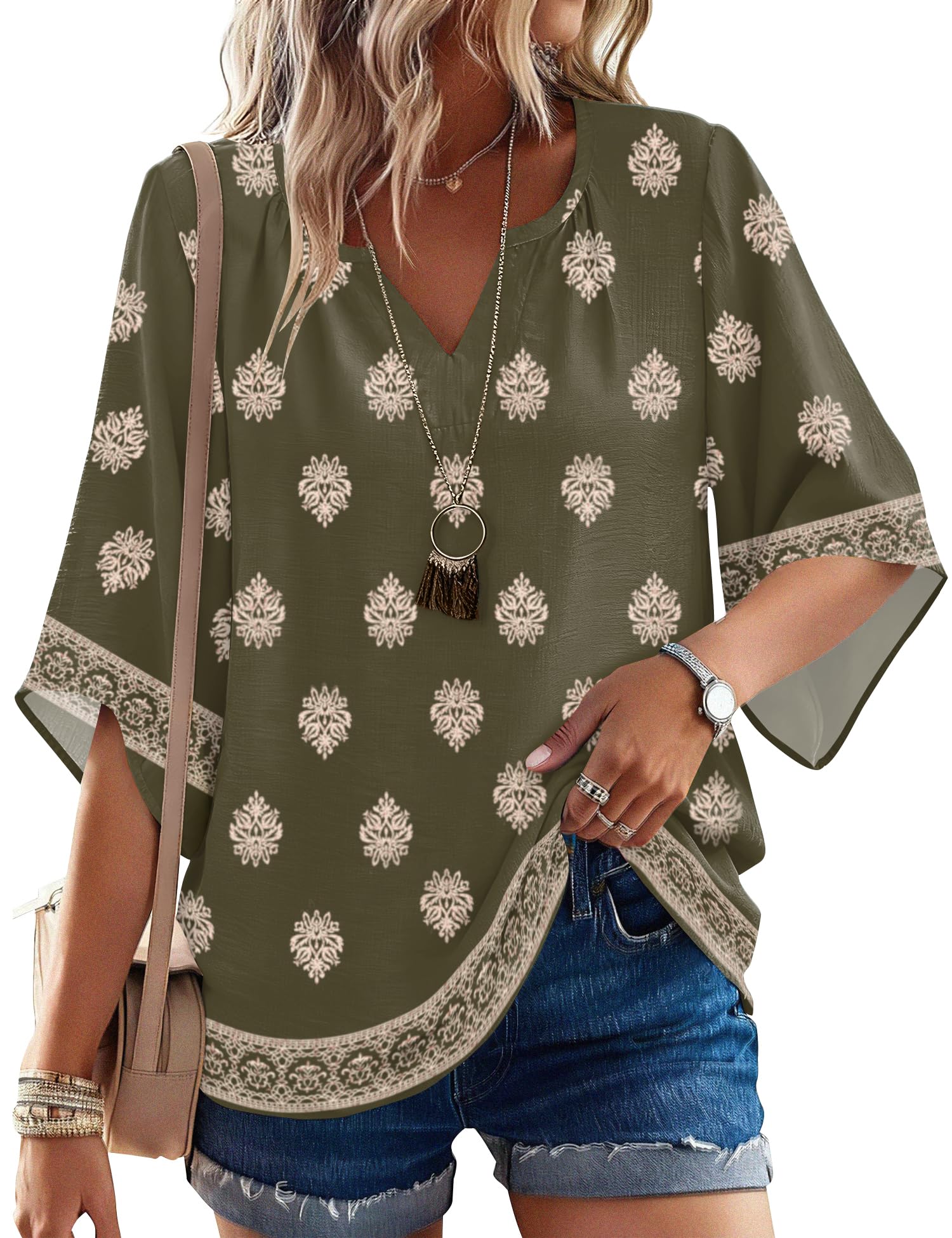 LOMON Women's 3/4 Length Sleeve Boho Tops V Neck Casual Vacation Clothes Loose Fit Tunic Shirts S-3XL