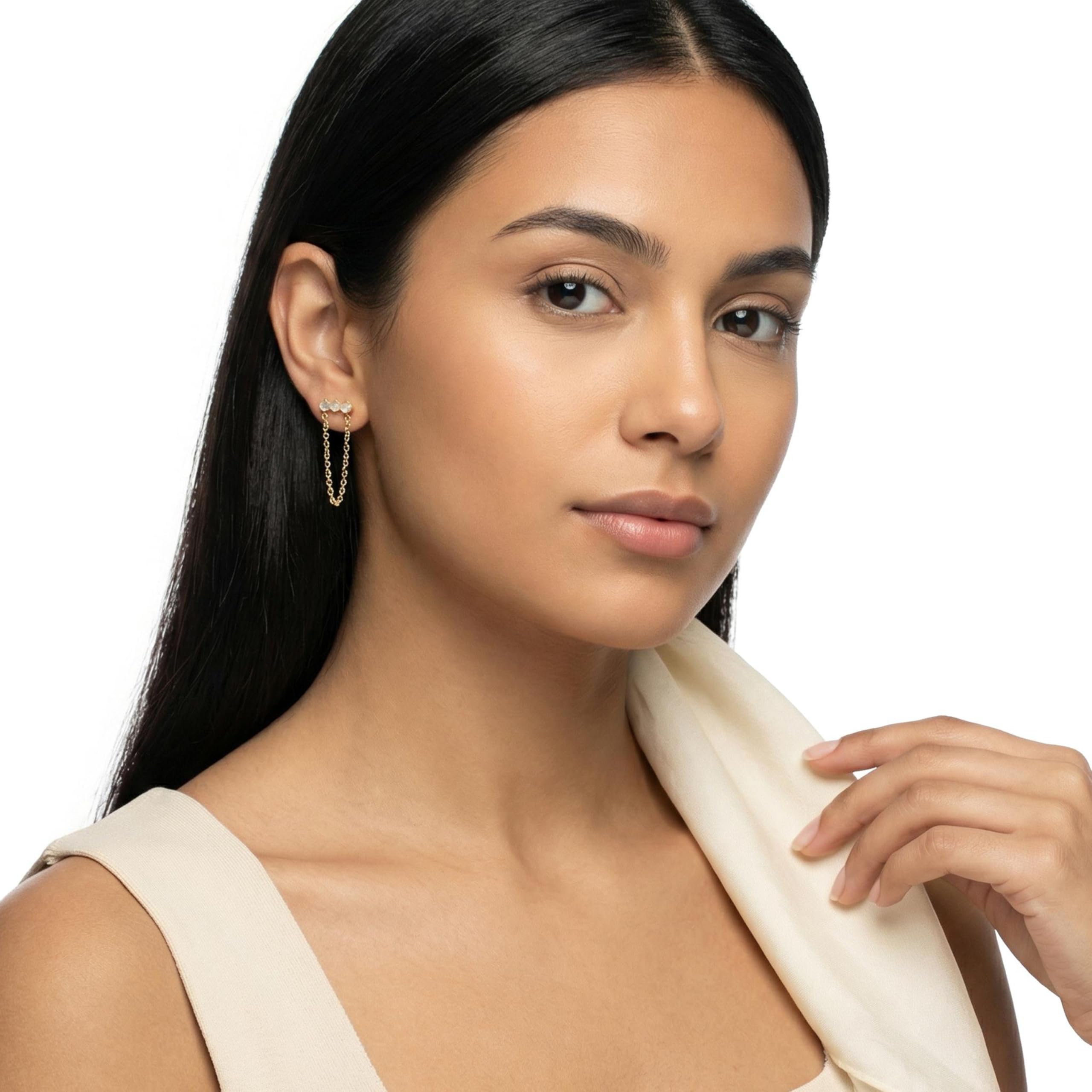NOELANI - Pendientes de botón para Mujer en Plata 925 - Chapados en Oro/Dorado - con Calcedonia - Cadena Pendiente de Botón - NOE-E0024