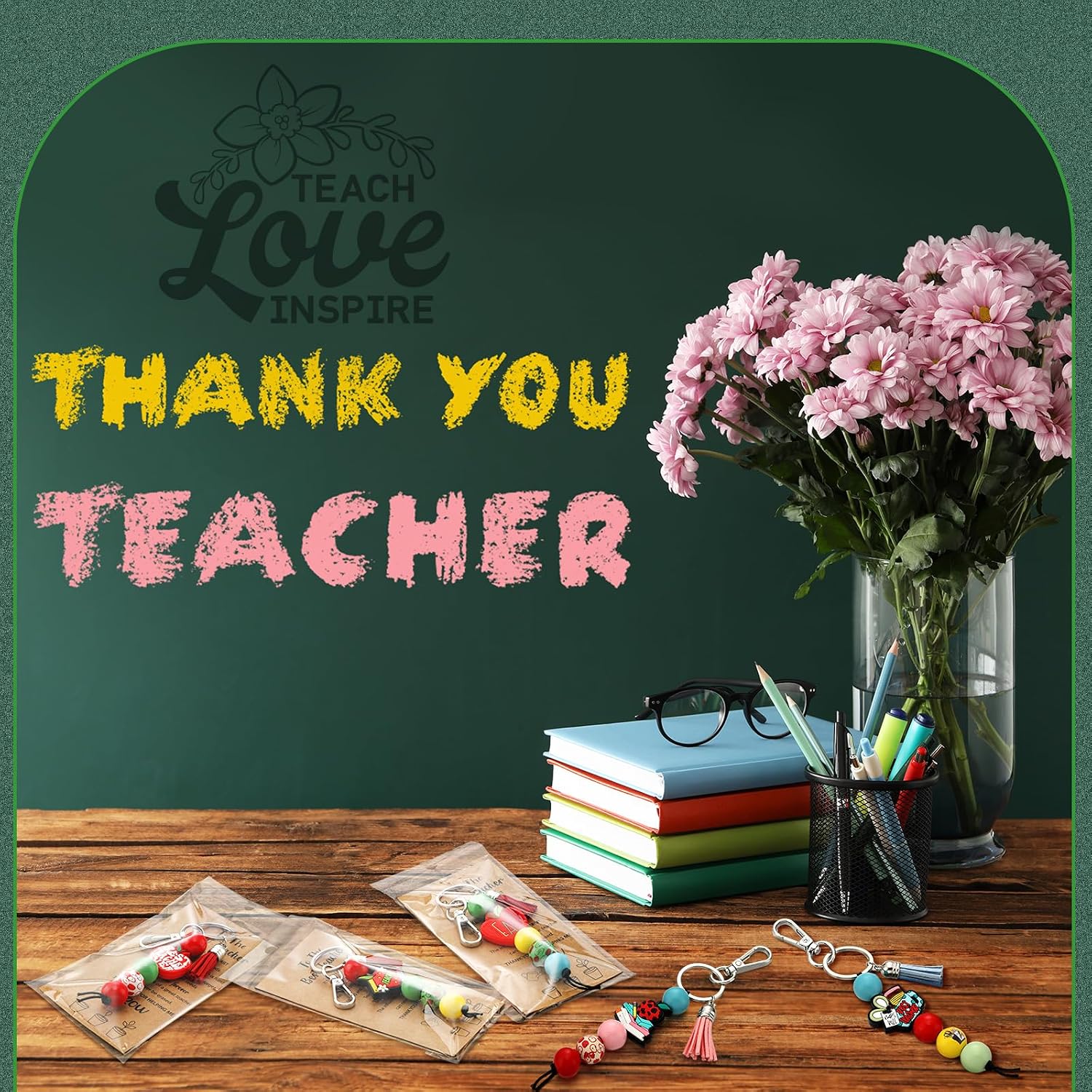 Sureio Graduation End of Year Student Gifts for Teacher Gifts Teacher Keychain Bulk Pencil Book Beads Keychain Thank You Card