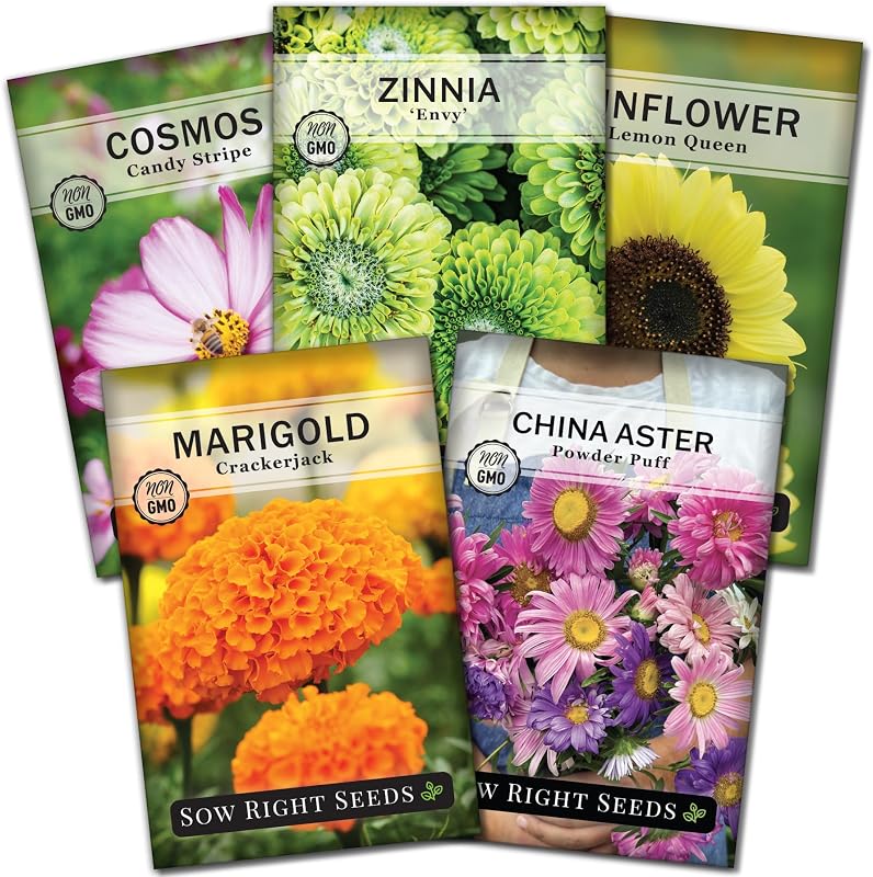Sow Right Seeds - Colección anual de semillas de flores para plantar el jardín de su casa | Incluye caléndula, zinnia, aster chino, girasol, cosmos. Plante variedades de flores tradicionales no transgénicas para jardinería al aire libre.