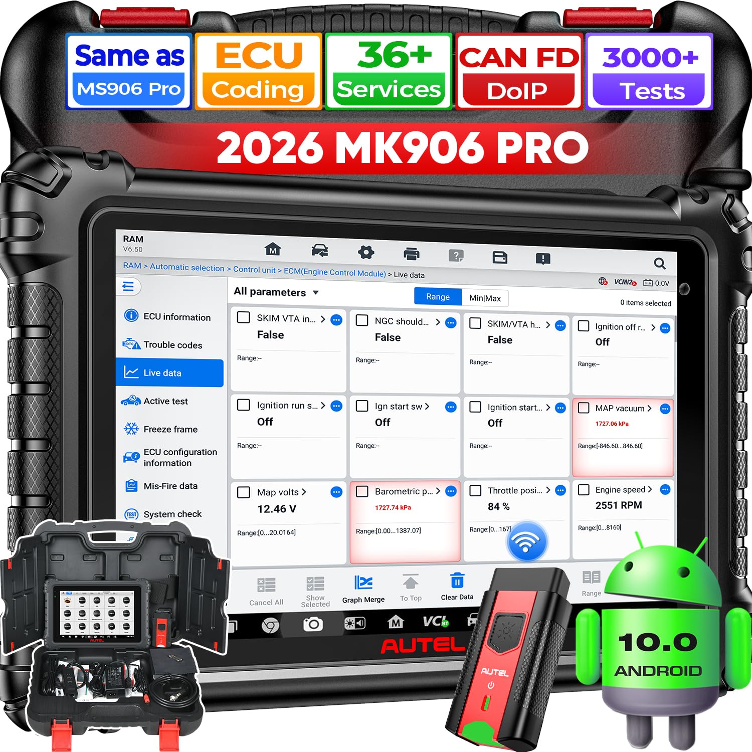 Autel MaxiCOM MK906 PRO Diagnosis Coche, 2026 ECU Superior Elite, CAN FD DoIP, OS10, 2.0 MS906BT MP900BT MP900 MS908S, 3K+ Prueba Bidireccional, OE All Sys, 36+ Servicio, AutoScan 2.0, Igual MS906 Pro