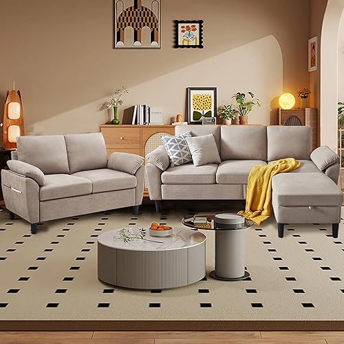 Miniatura 22 de Sofá Seccional Convertible de 79", Sofá Moderno de Lino Pequeño en Forma de L con Chaise Reversible y Otomana de Almacenamiento, Sofá de 3 Asientos