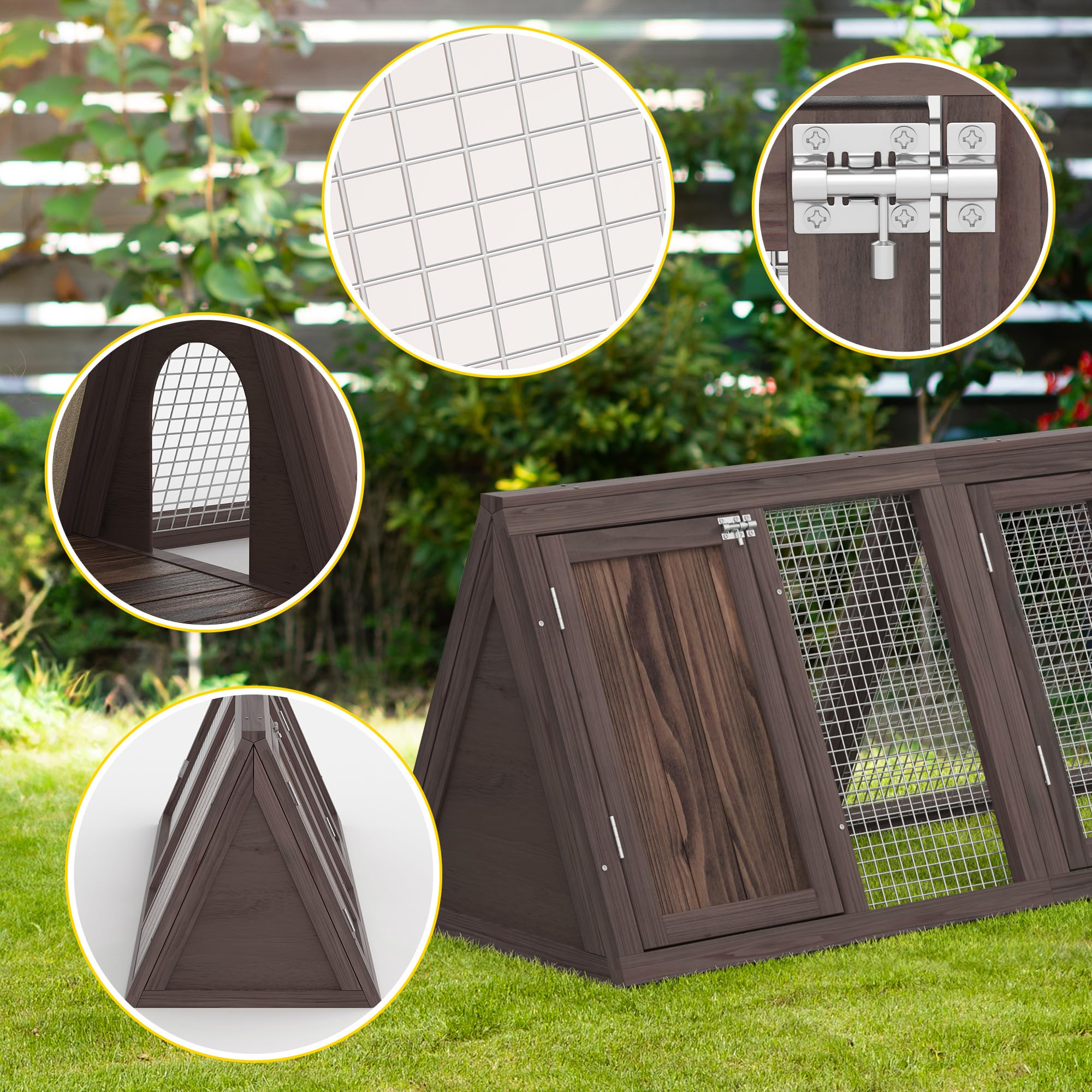 Kaninchenstall Klein Hühnerstall Outdoor A-Rahmen Wachtelkäfig mit 2 Tür & Auslauf Käfig Holz Dreieck Wachtelstall mit Belüftungsdraht Geflügelstall für Kleintiere (Braun)