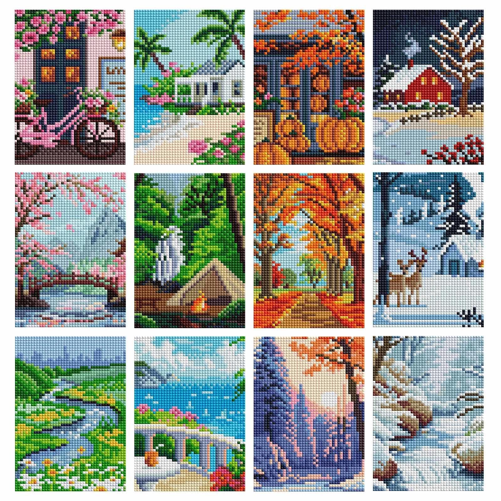 JATOK 12 Pcs Diamond Art Kits Adults, 12 Months of Scenery Diamond Painting Mosaic Kits for Beginner, Square Drill Gem Art for Home Wall Decor Gift 10x15cm/4x6inch
