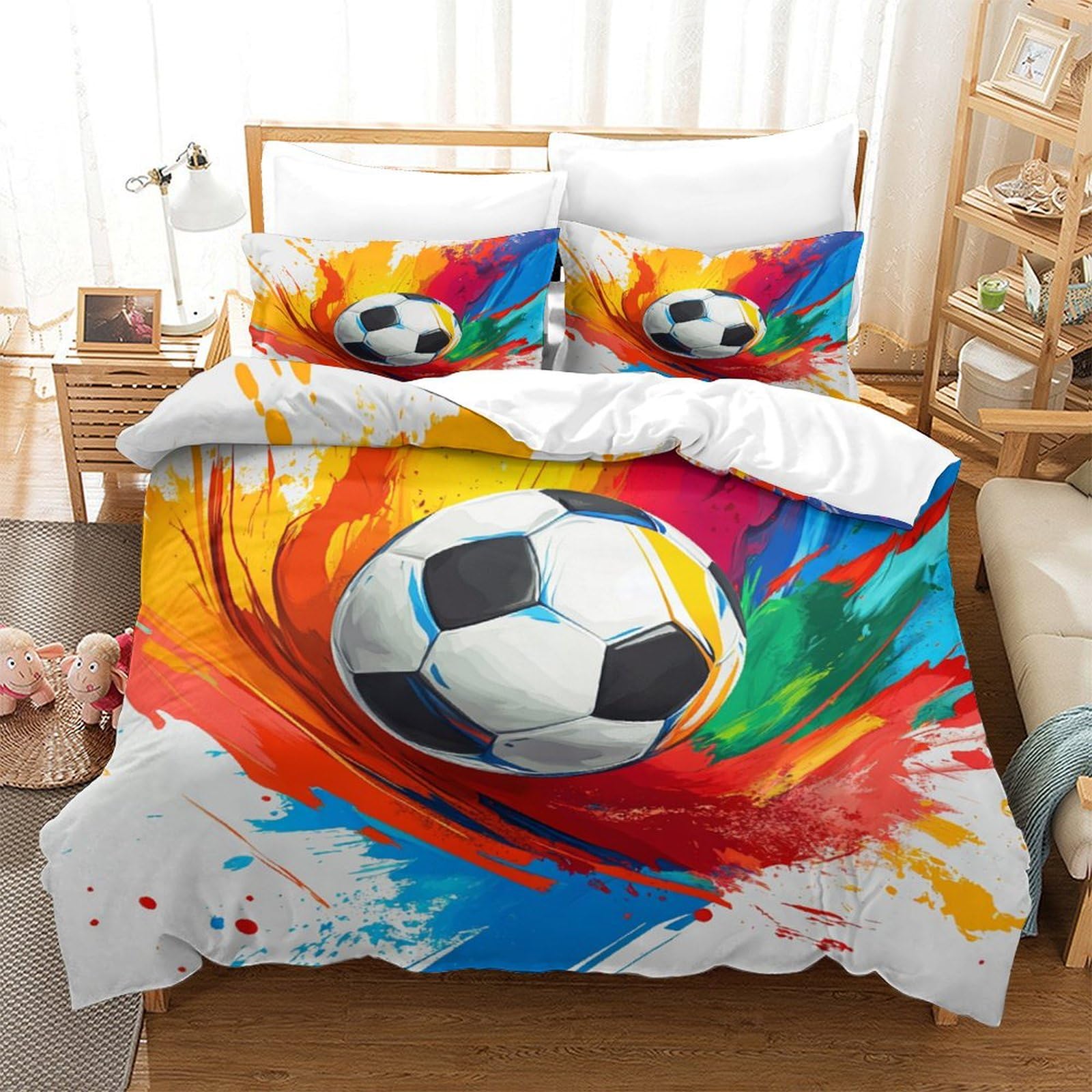 P1s9u7w5y Football Colourful Soccer 3D Printed Duvet Cover Set 3Pcs Microfiber Bedding Set Super King（260X220cm）