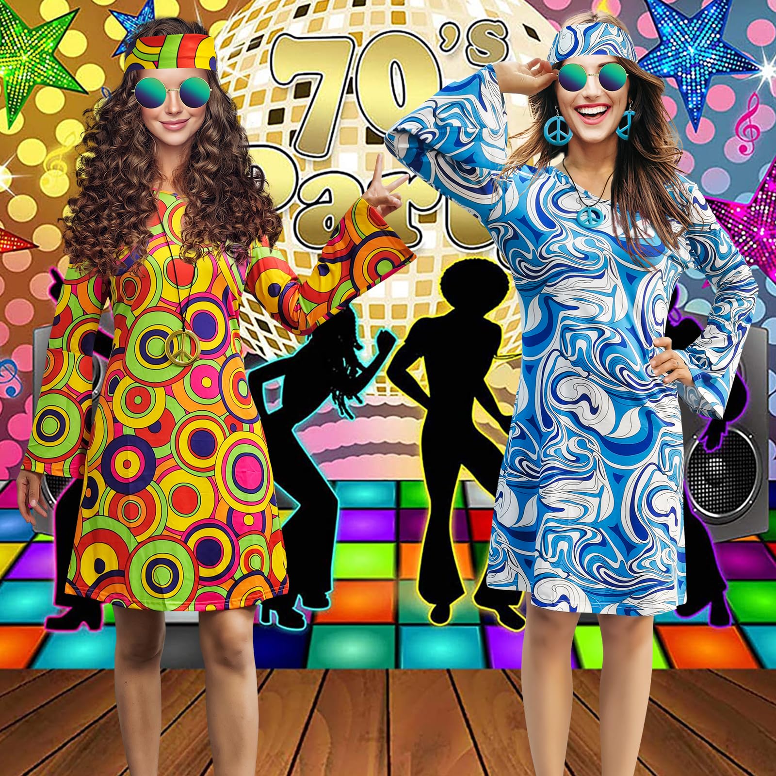 MRYUWB 70s Hippie Dress Costumes Necklace Earrings Sunglass Women Disco Outfit, 60s Party Costume - Image 2