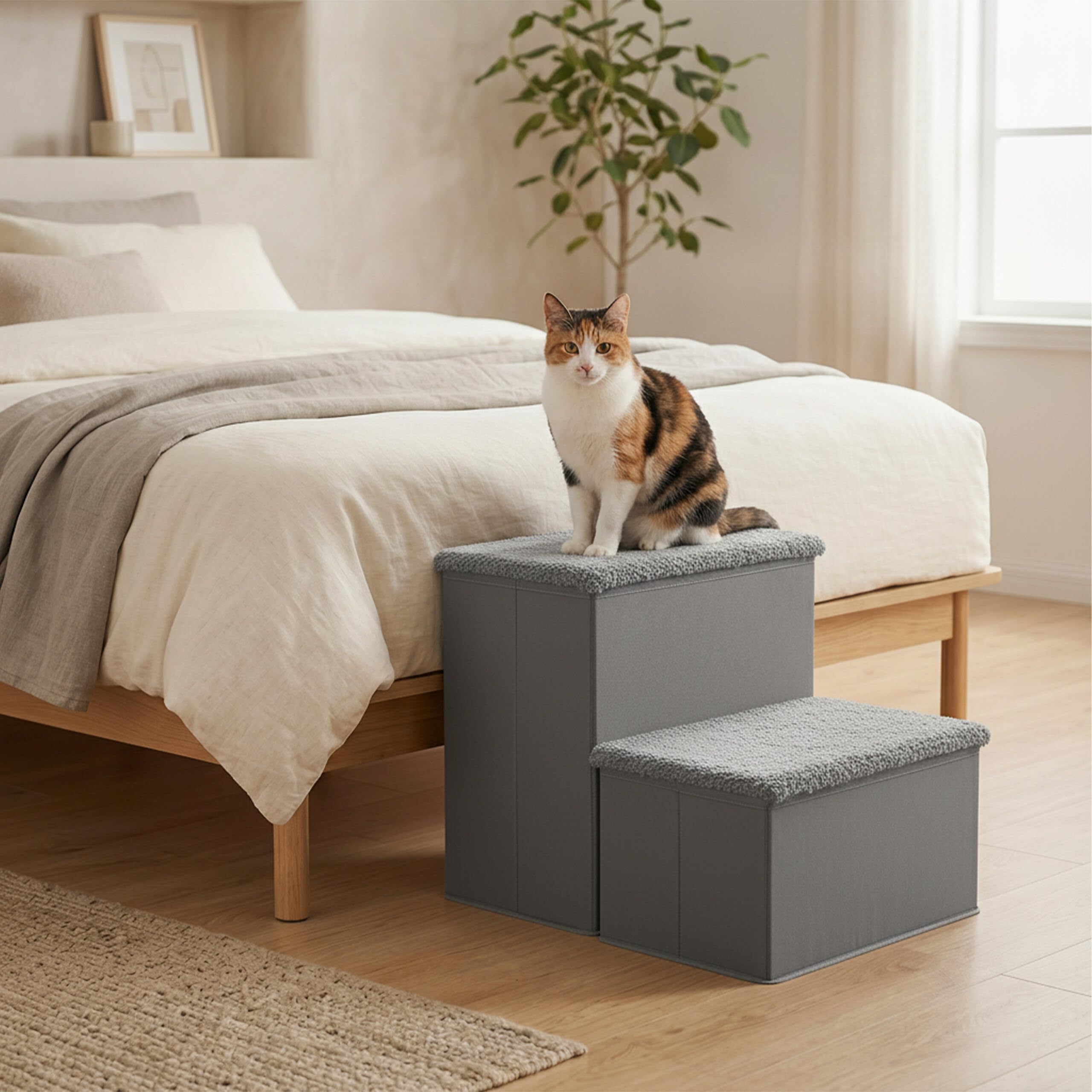 Relaxdays Scala per cani pieghevole, 2 gradini, con vano, grigio | 32x40x35 cm, rivestimento in tessuto, per letto/divano