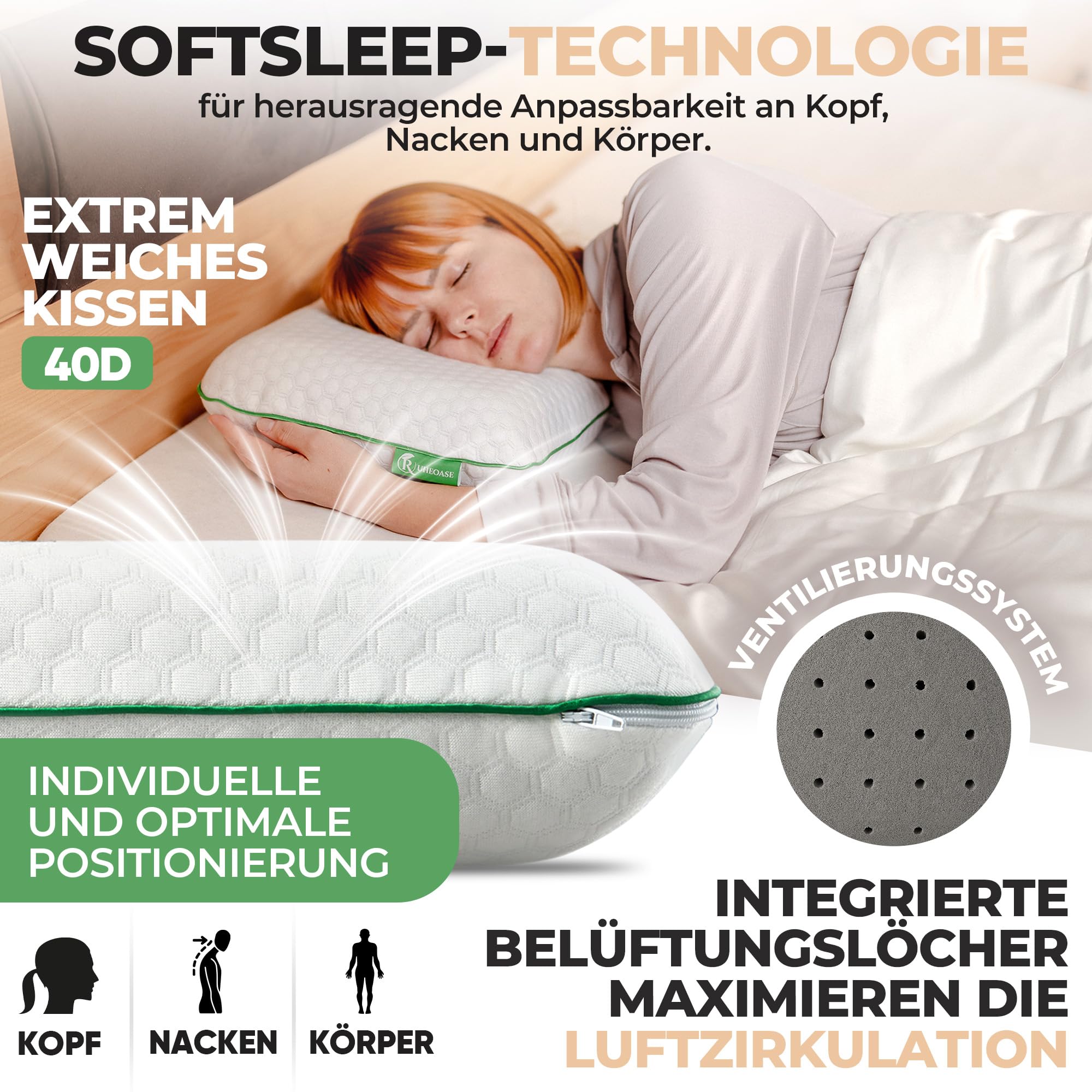 Cuscino ergonomico per il collo (50 x 30 cm), cuscino ortopedico in memory foam, in carbone di bambù, con rivestimento, cuscino per dormire sui lati, schiena e pancia