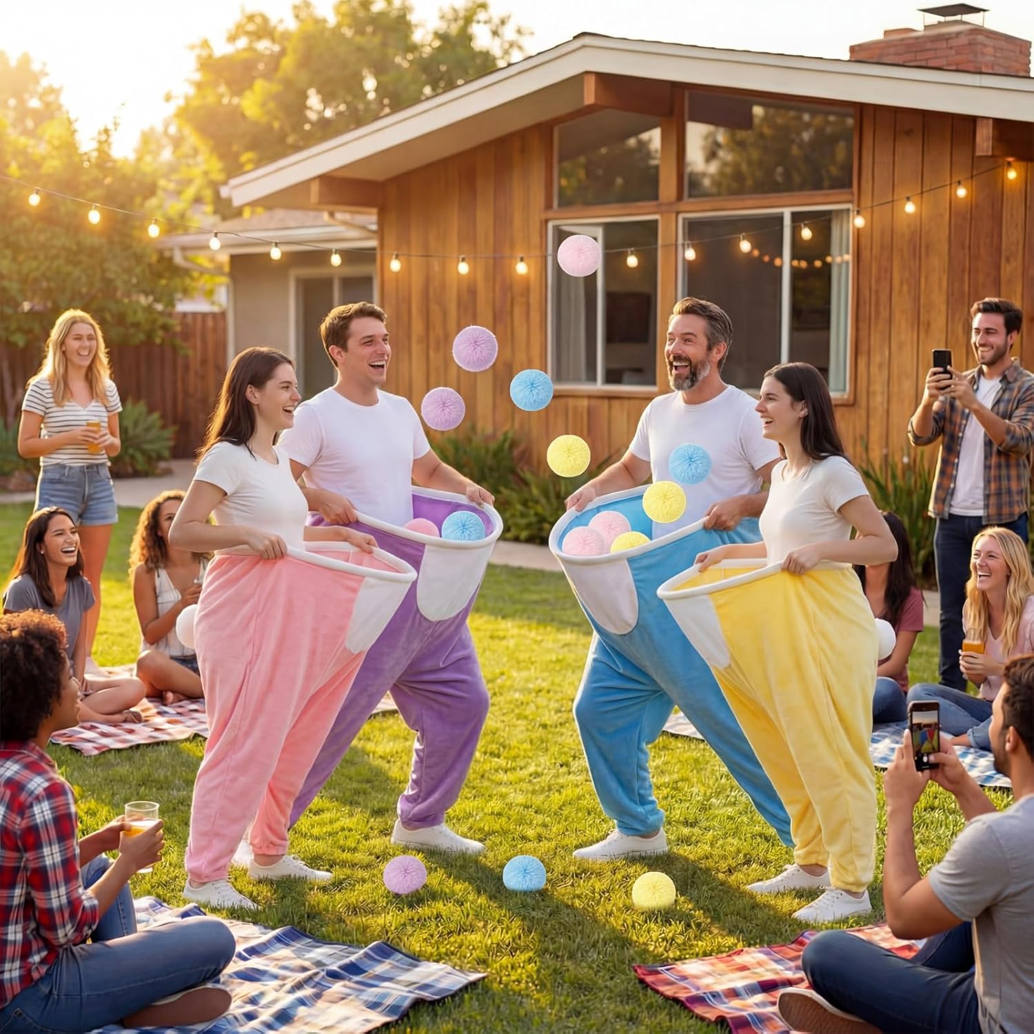 Cuffbow 4 Pcs Easter Bunny Granny Pants Outdoor Game Giant Pants with 40 Pom Balls Outdoor Tossing Catching Game for Easter Party Family Reunion Spring Team Building Church Events 14+