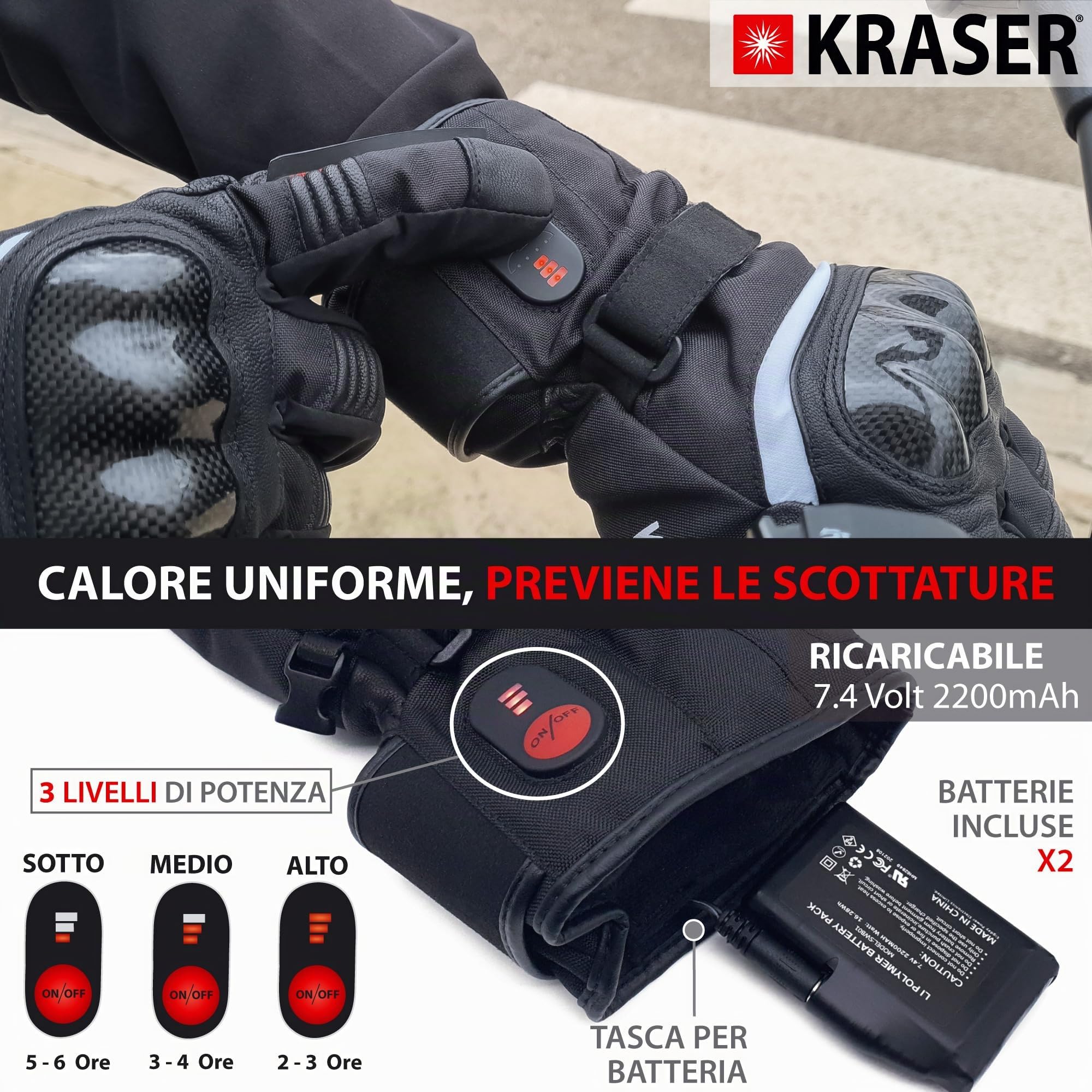 KRASER KRGS28 Guanti Moto Premium Omologato, Protezione in Fibra di Carboni, Pelle e Cordura, Testato Estreme, Impermeabili e Riscaldati, 3 Livelli, Guanti Moto Invernali per Uomo e Donna